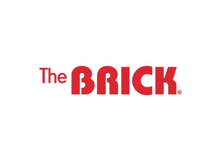 Logo for 'The Brick' with the word 'The' in red, 'BRICK' in large red block letters, on a black background.
