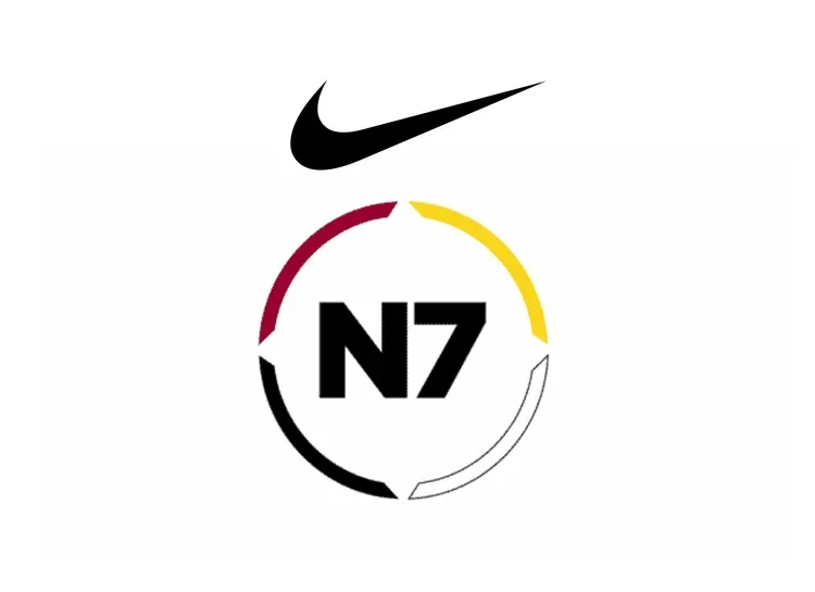 Nike logo above an N7 logo with black, red, yellow, and white colors, arranged in a circular pattern.