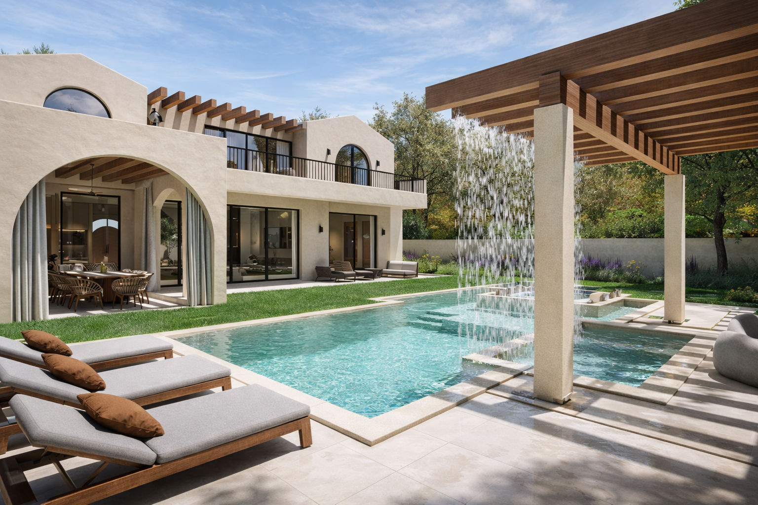 Luxury backyard in Sherman Oaks with swimming pool, lounge chairs, shaded area, modern house with large windows, and waterfall feature