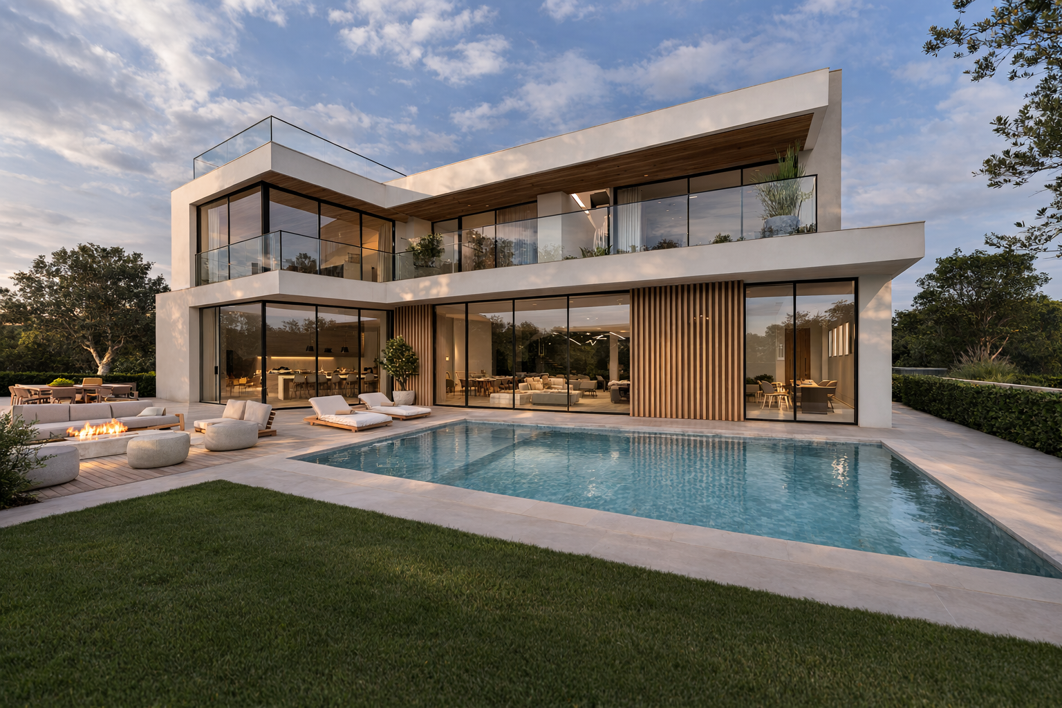 Modern house in Pacific Palisades with large glass windows, outdoor pool, and patio furniture during sunset.