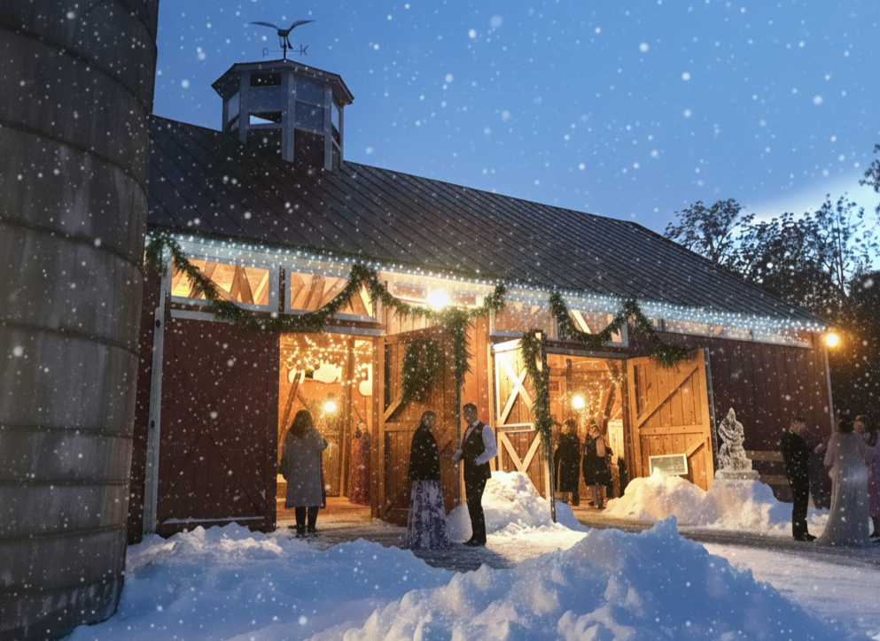 People gathering outside a decorated barn at night during a snowy winter evening with lights and holiday decor.