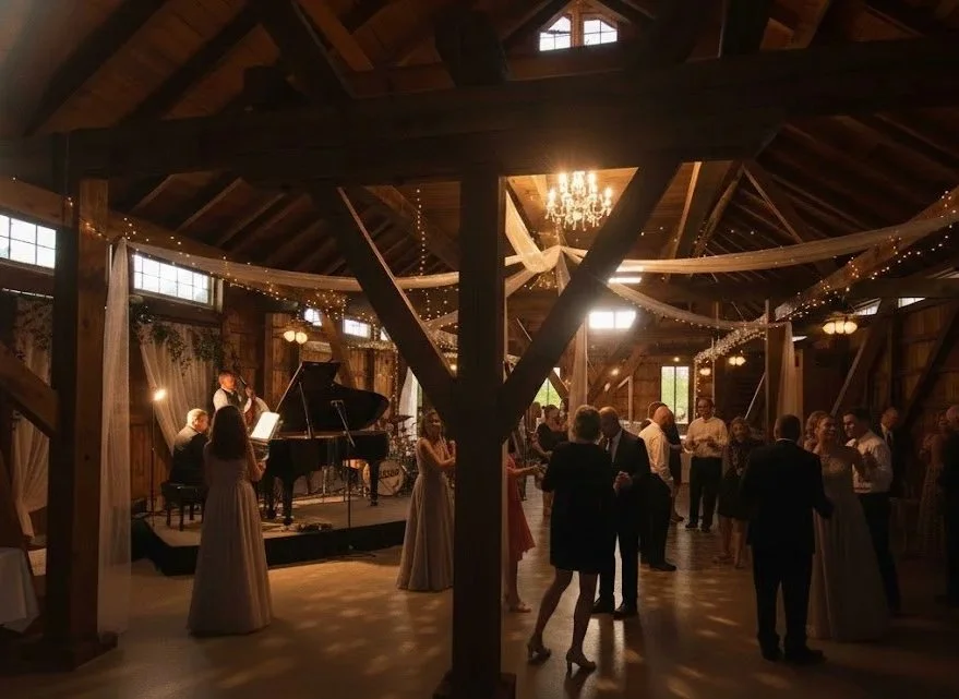 Guests dancing and enjoying live music in a rustic barn with string lights and a chandelier.