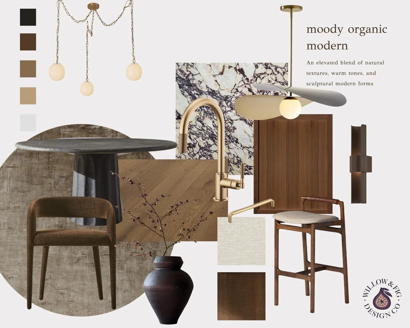 If you know me, you know I love mid-century modern mixed with organic modern&hellip;dark and moody tones, natural textures, and sculptural shapes. 
If I were designing a new build kitchen right now, it would look a lot like this: warm woods, rich sto