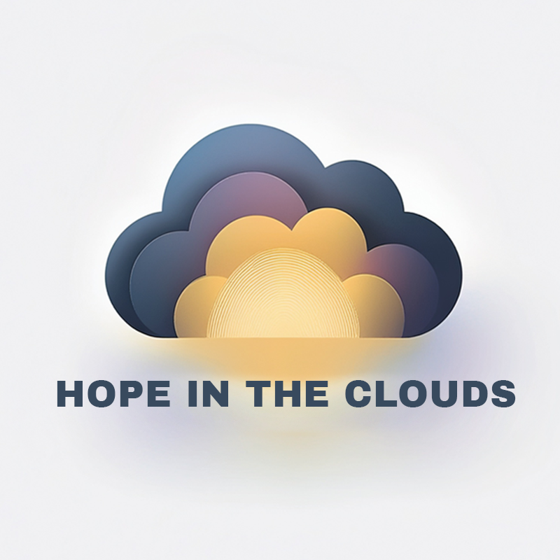 A stylized graphic of a cloud with the sun rising behind it, accompanied by the text "Hope in the Clouds." An art movement started from the Eaton Wildfires.