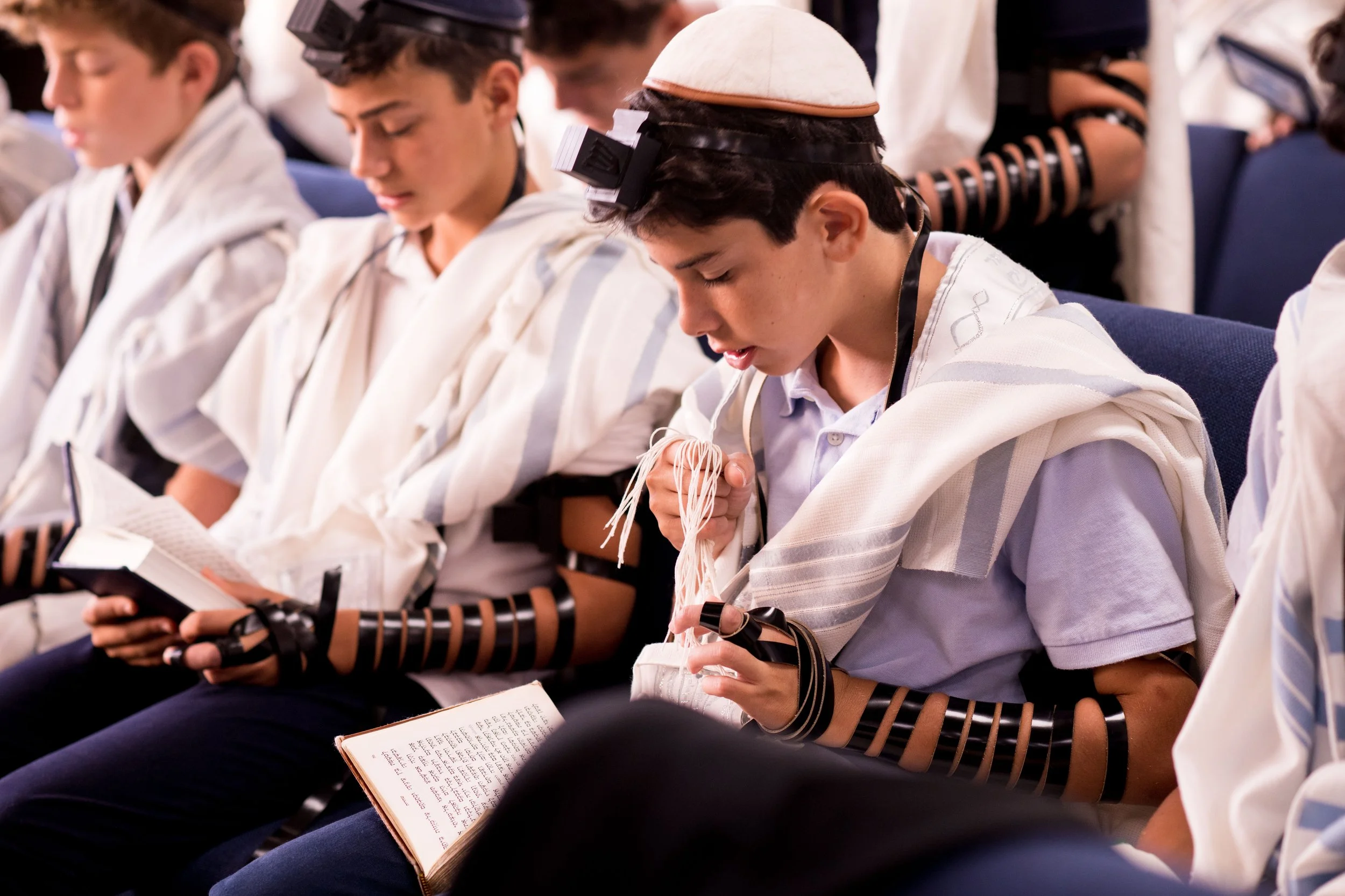 Young boys sitting in a row in a synagogue, wearing tallit and tefillin, engaged in prayer, with one reading from a prayer book.
