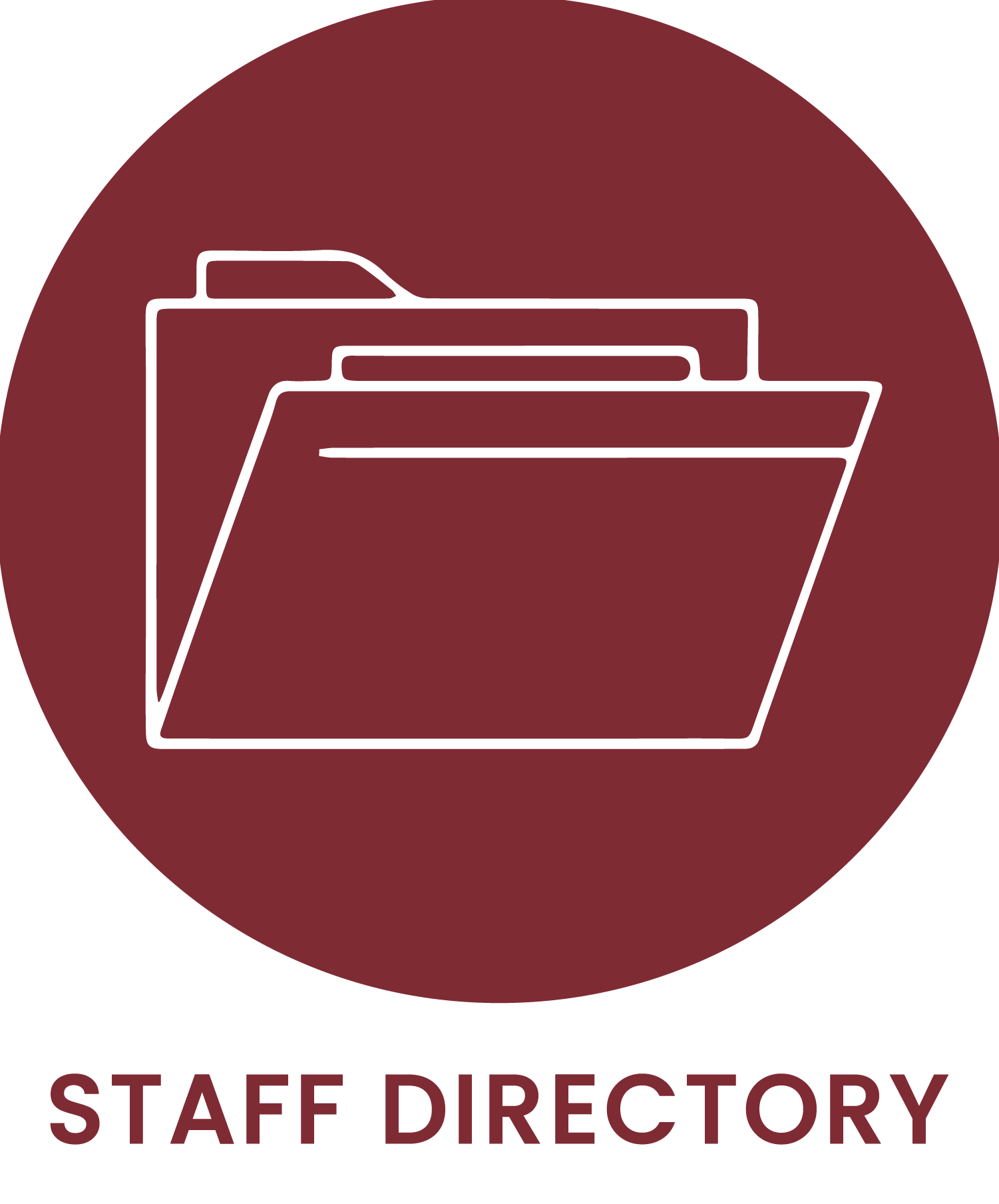 Icon of an open file folder in white outline on a maroon circular background with the text "STAFF DIRECTORY" below in capital letters.