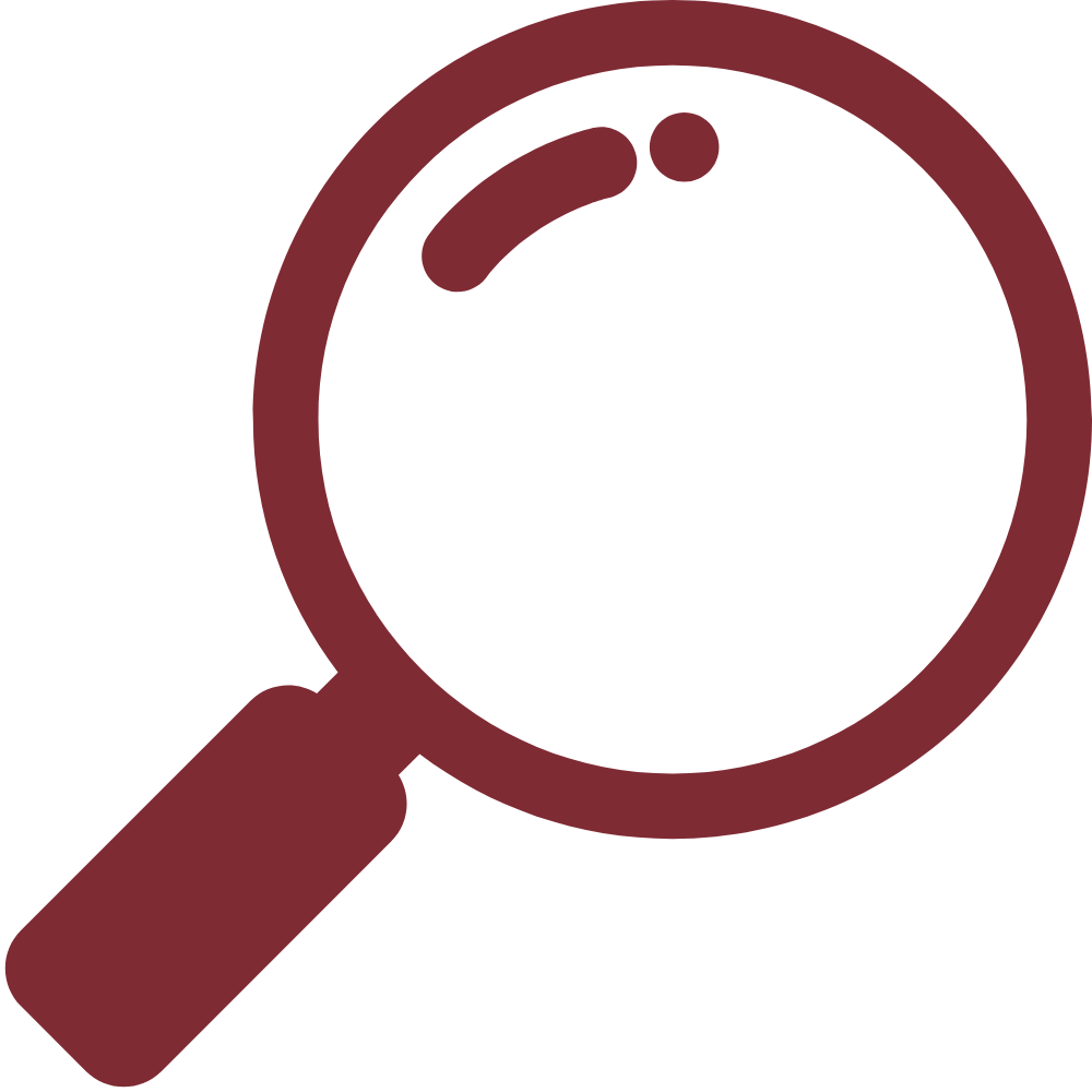 Illustration of a magnifying glass with a brown handle and a brown rim, viewed from above.