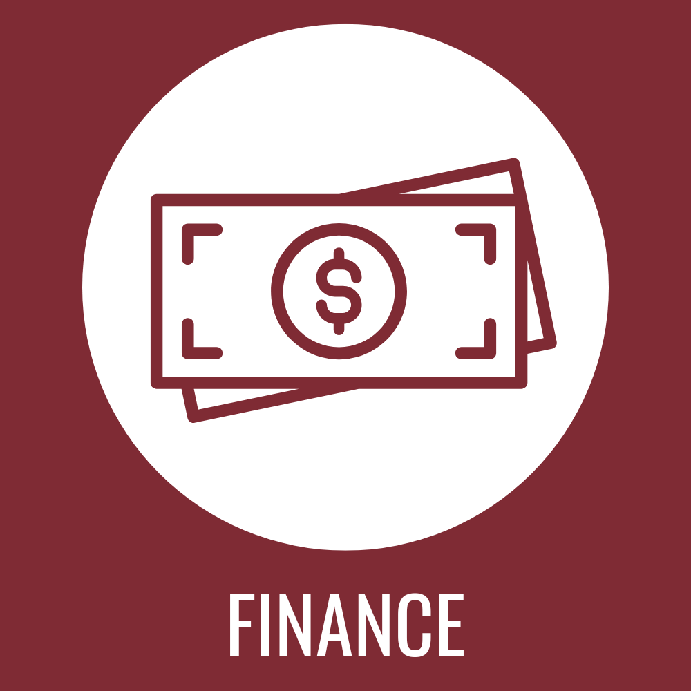 Icon of dollar bills with a dollar sign, labeled 'Finance'.