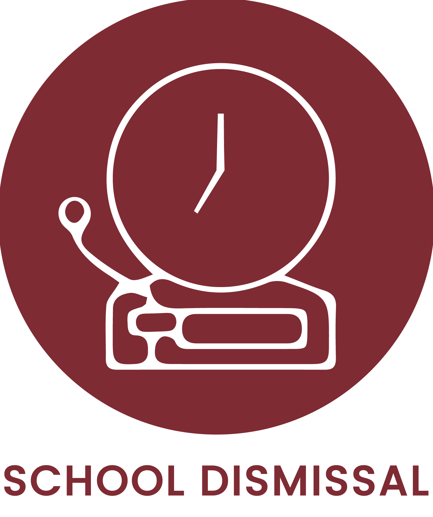 An alarm clock with a graduation cap on top, indicating school dismissal time, on a maroon background with the text 'SCHOOL DISMISSAL' underneath.