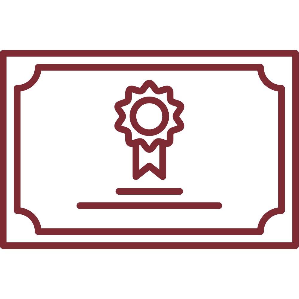 Line art illustration of a certificate with a ribbon badge in the center.