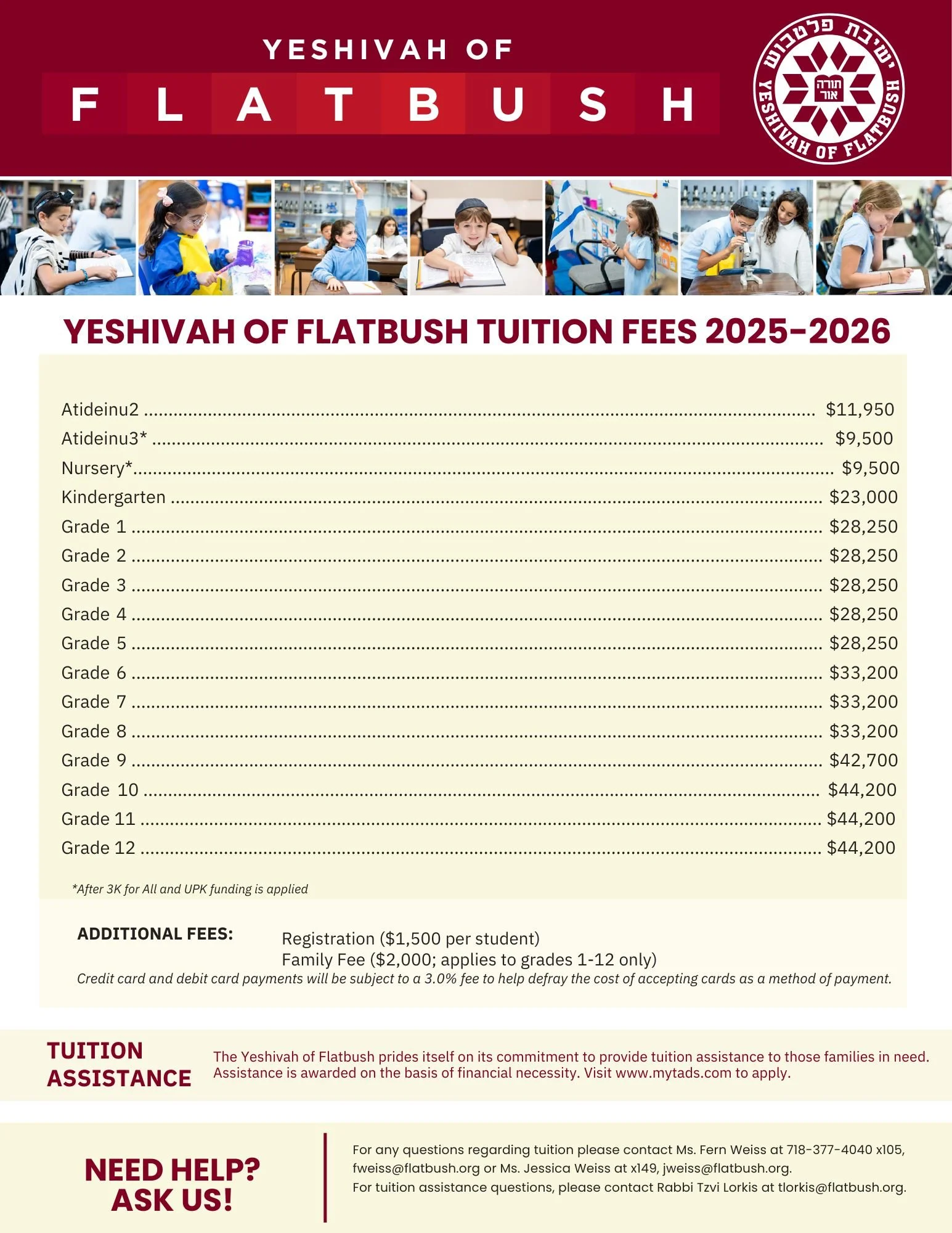 Typography and chart showing tuition fees for Yeshivah of Flatbush for the year 2025-2026, pricing for different grades, with images of children in classroom activities at the top.