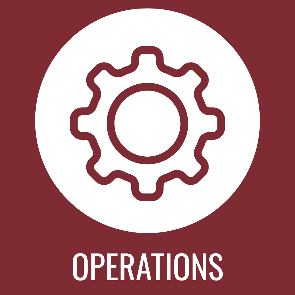 Icon depicting a gear with the word 'OPERATIONS' underneath, on a red background.