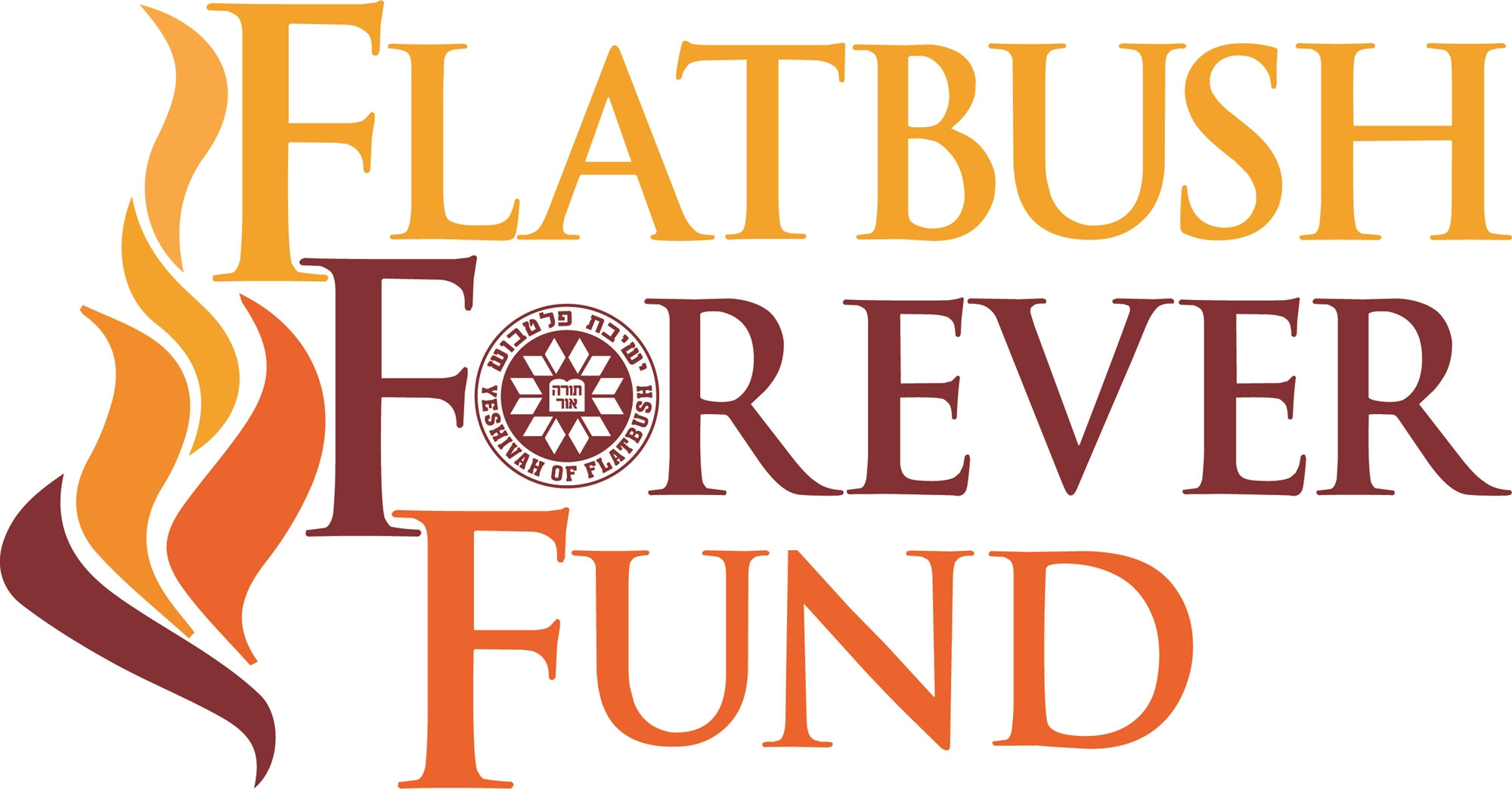 Text reads 'Yeshiva of Flatbush' with flames and decorative Hebrew seal