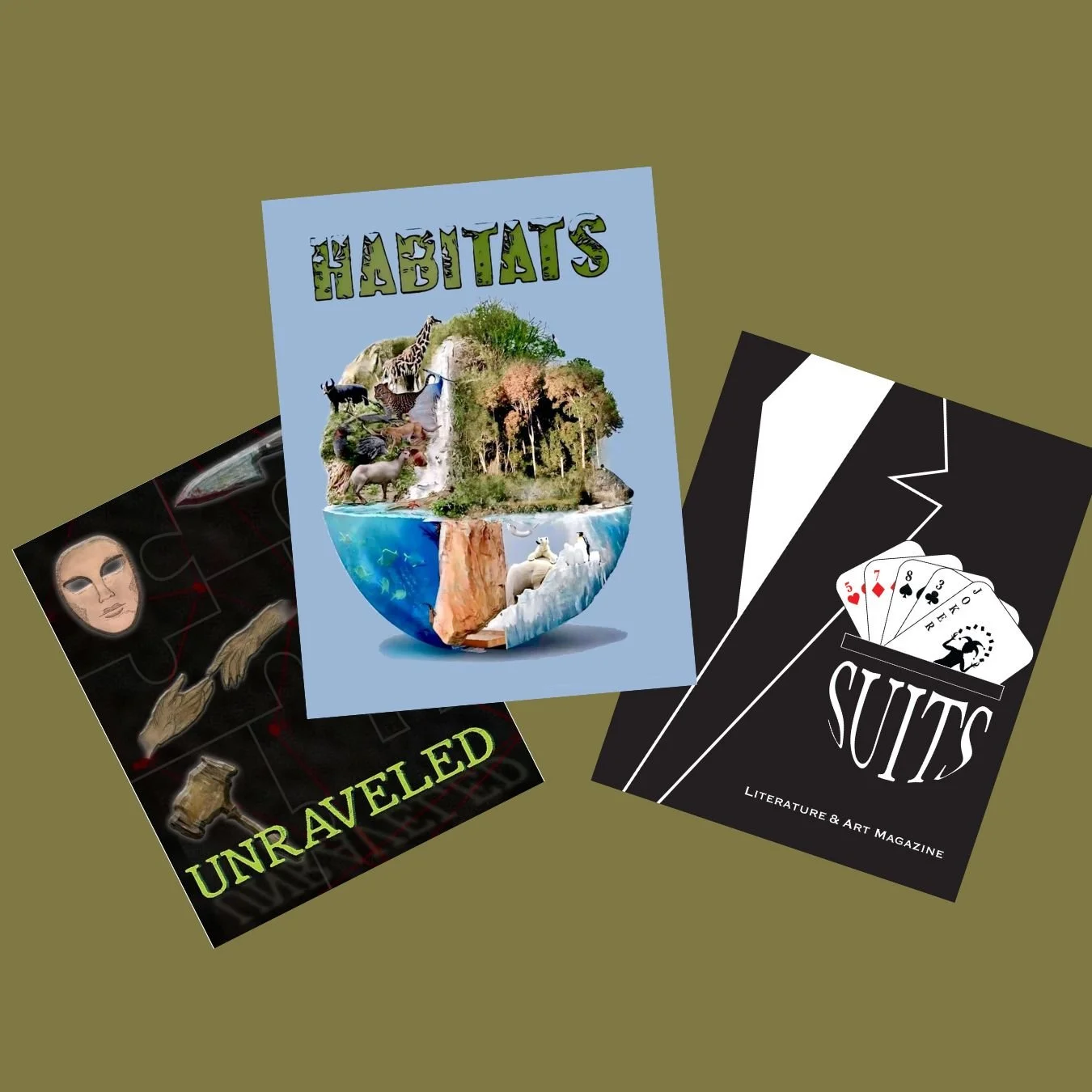Collection of three printed materials: a magazine titled "Habitat" featuring wildlife and nature images, a magazine titled "Unraveled" with a dark cover and artwork of hands and a mask, and a magazine titled "Suits" with a black cover and playing cards, literature, and art theme.