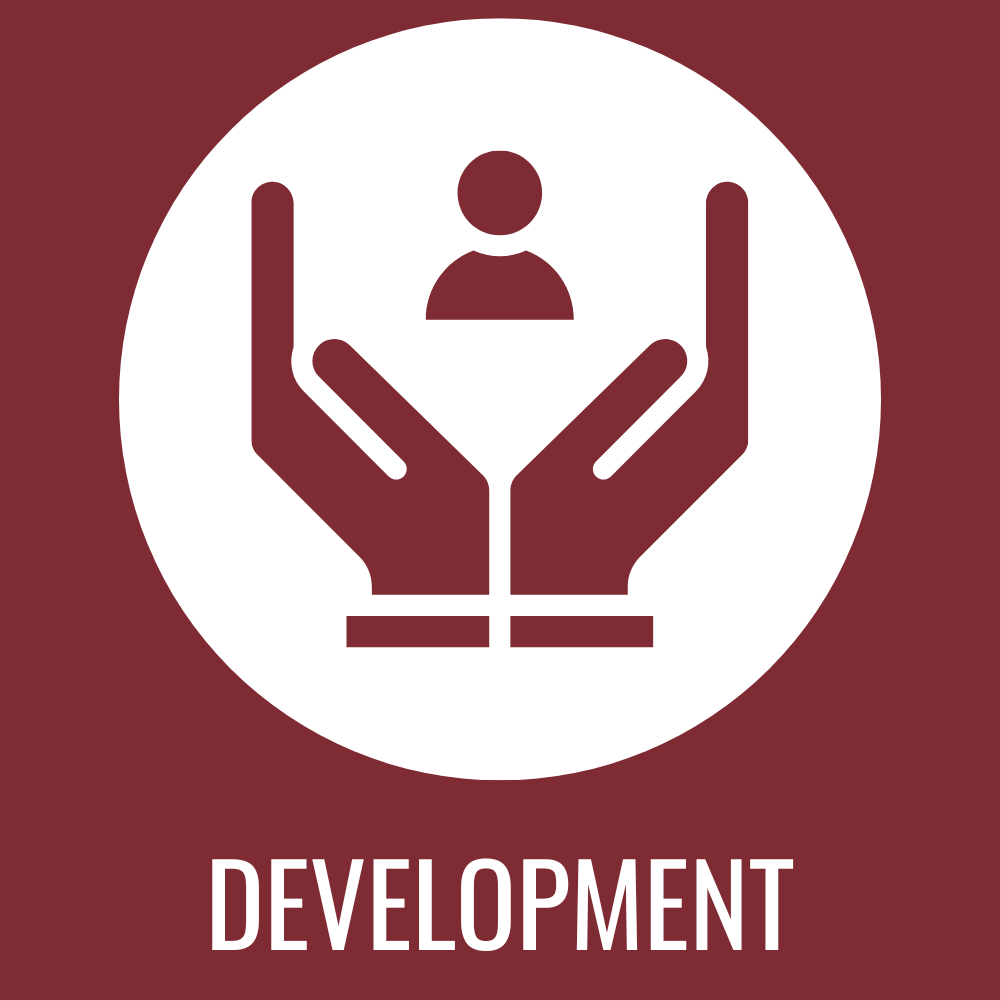 Icon of two hands holding a person, with the word 'Development' below, on a maroon background.