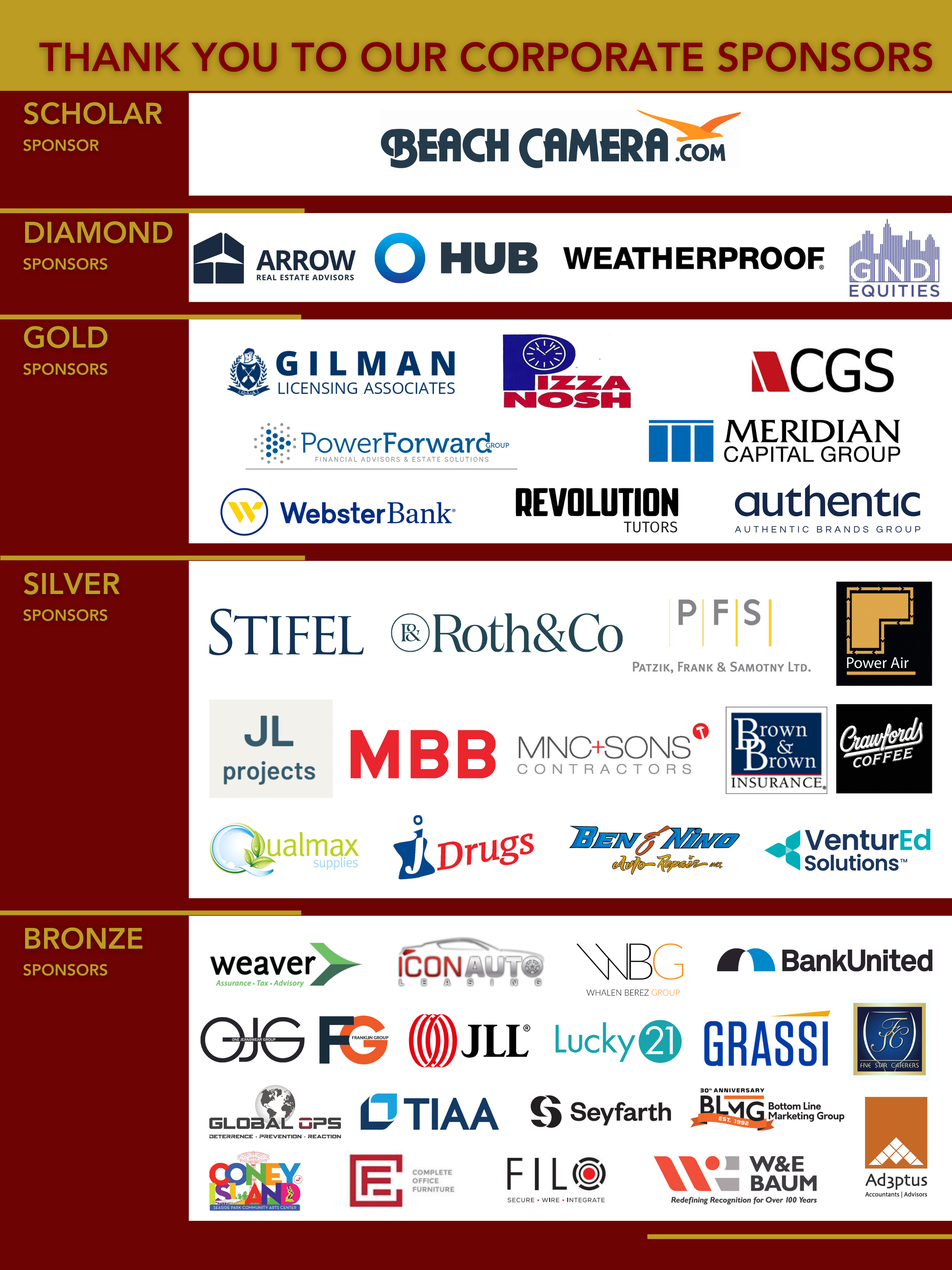 A collage of sponsor logos categorized by bronze, silver, gold, diamond, and platinum sponsors, featuring various company names and logos.