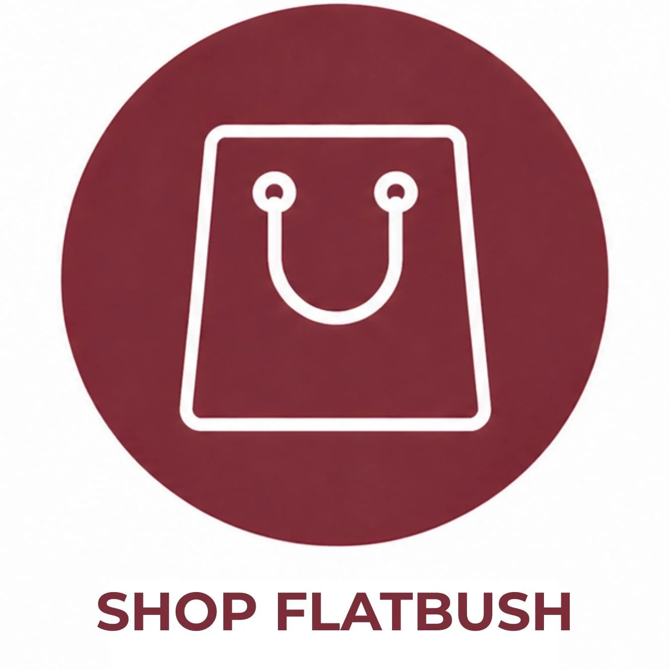 A logo featuring a stylized shopping bag with a smiling face, inside a red circle. Below, the text reads 'SHOP FLATBUSH'.
