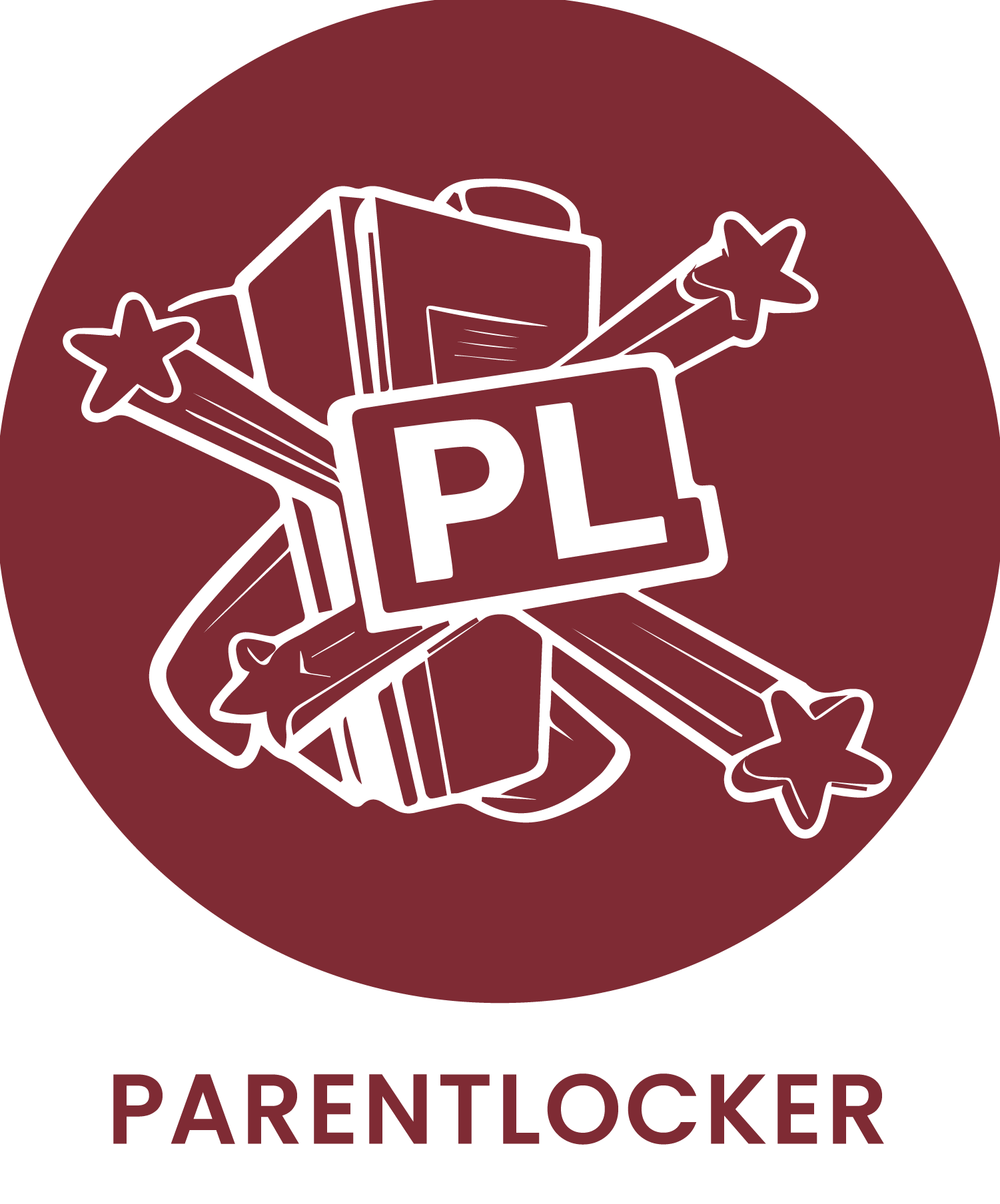 Illustration of a box with stars and the words 'Parentlock' in bold red letters below, all within a maroon circle.