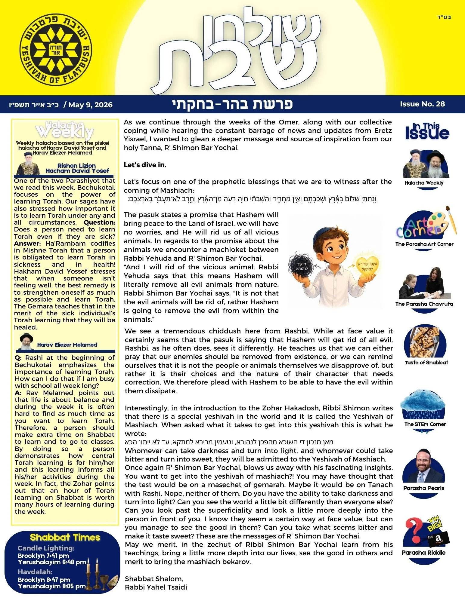 A newsletter titled "Shabbat Bera-Bheit" from the Yeshiva of Flatbush, issued on May 9, 2026. It contains articles and sections on Torah, parables, and teachings related to the weekly Torah portion, with images of religious figures, a child holding two hearts, a girl and an adult, and various icons for activities like Shabbat times, taste of Shabbat, STEM corner, and puzzle game.