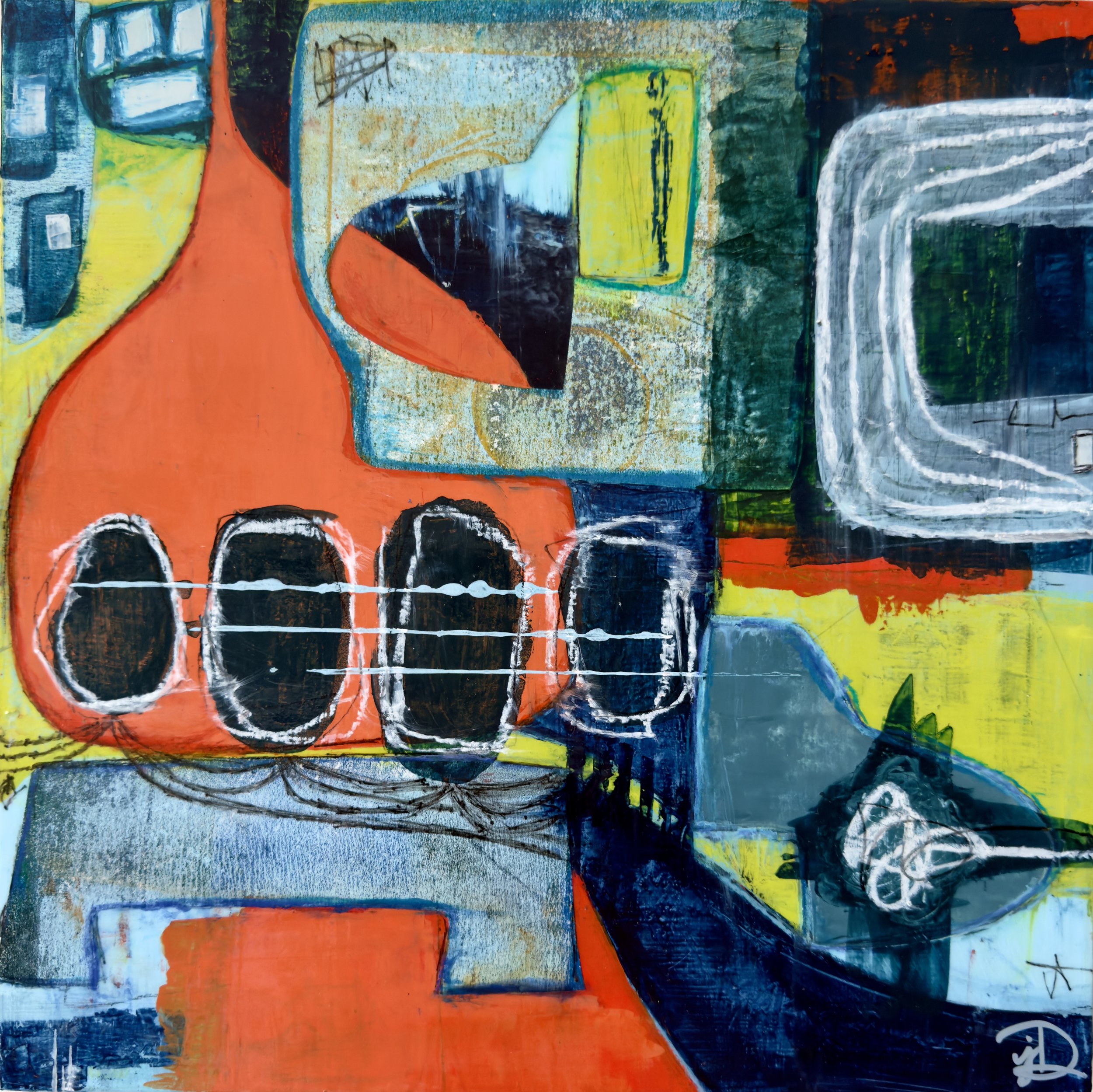 PICKIN' AND GRINNIN', acrylic/mixed-media on cradled wood panel, 12 x 12 in, 2025