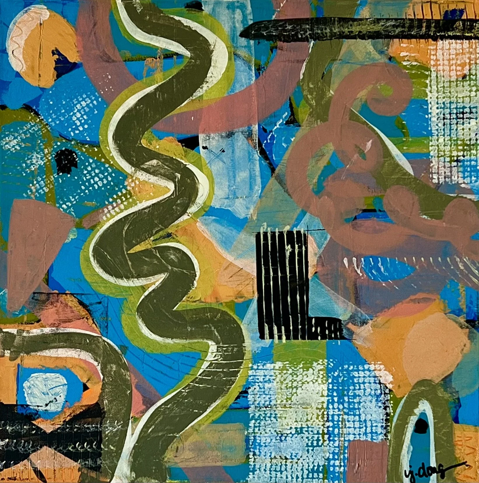 RIVERSIDE RHYTHMS, acrylic on canvas, 16 x 16 in, 2024