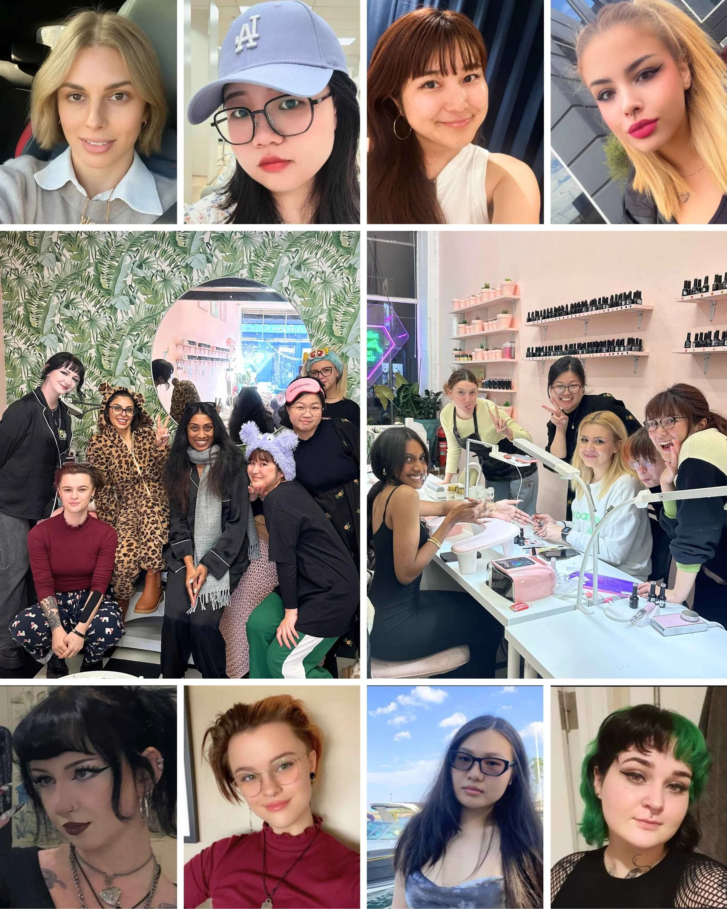A collage of photos featuring several women in various settings, including portraits, group photos, and scenes at a nail salon with customers and staff.