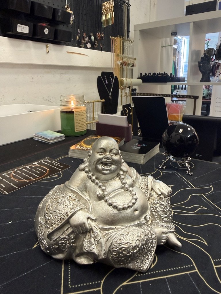 Silver Serenity Happy Buddha Statue