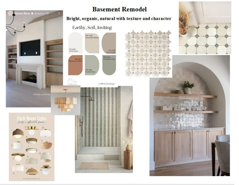 Mood board for a bright, organic, natural basement with texture and character
