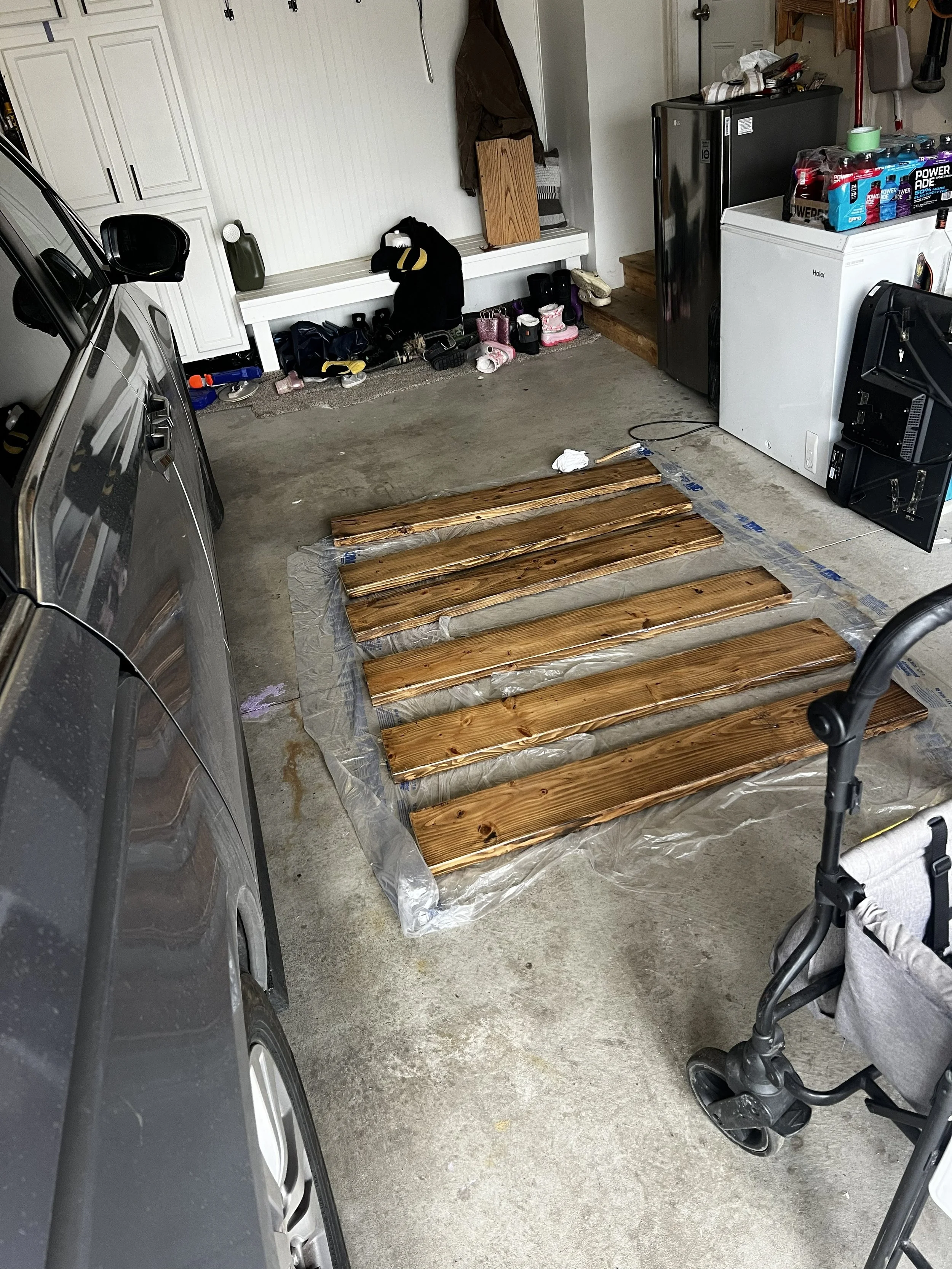 Staining the shelves