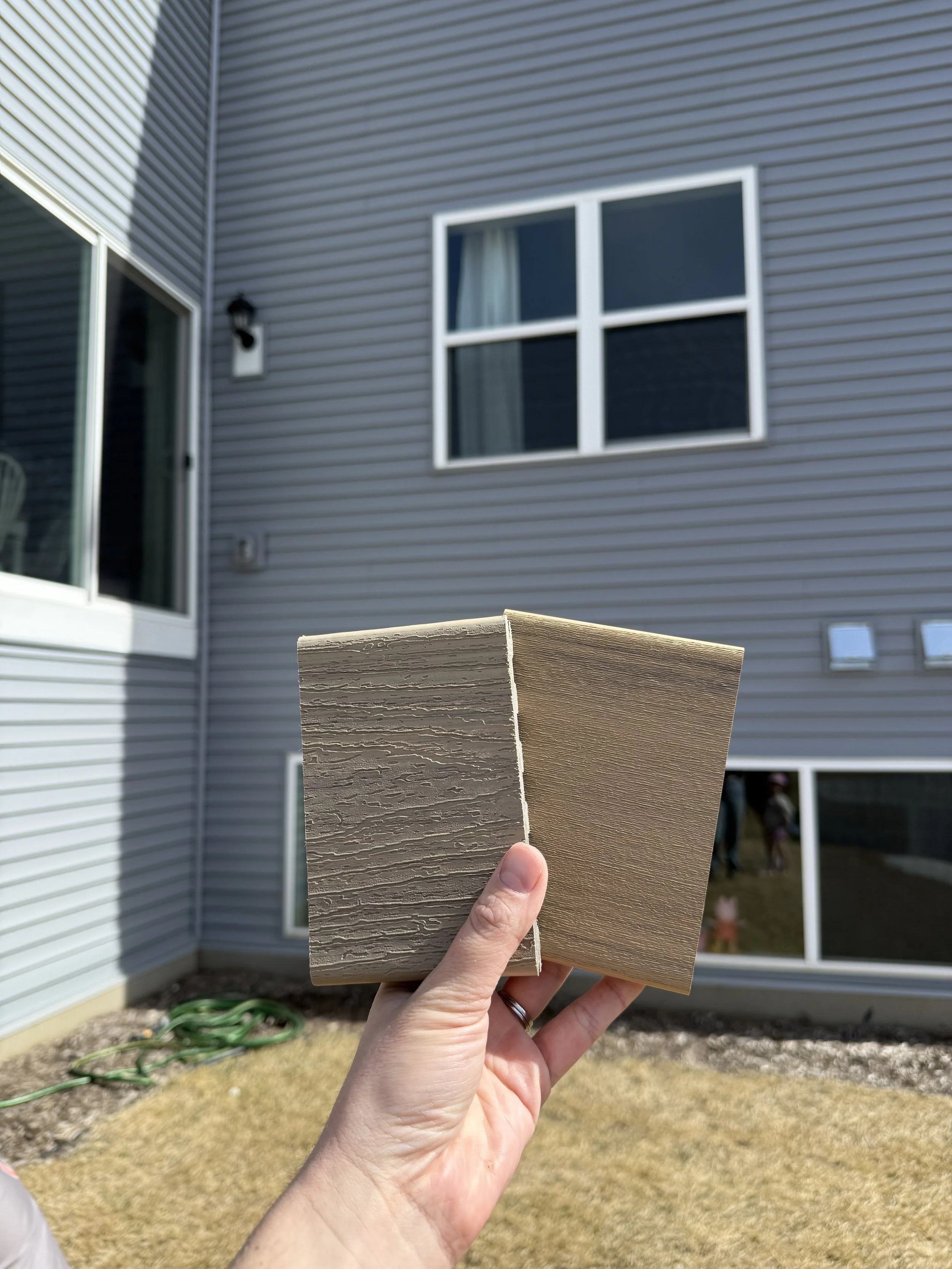 Choices narrowed down to Trex Honey Grove (left) or Timber Tech Weathered Teak (right)