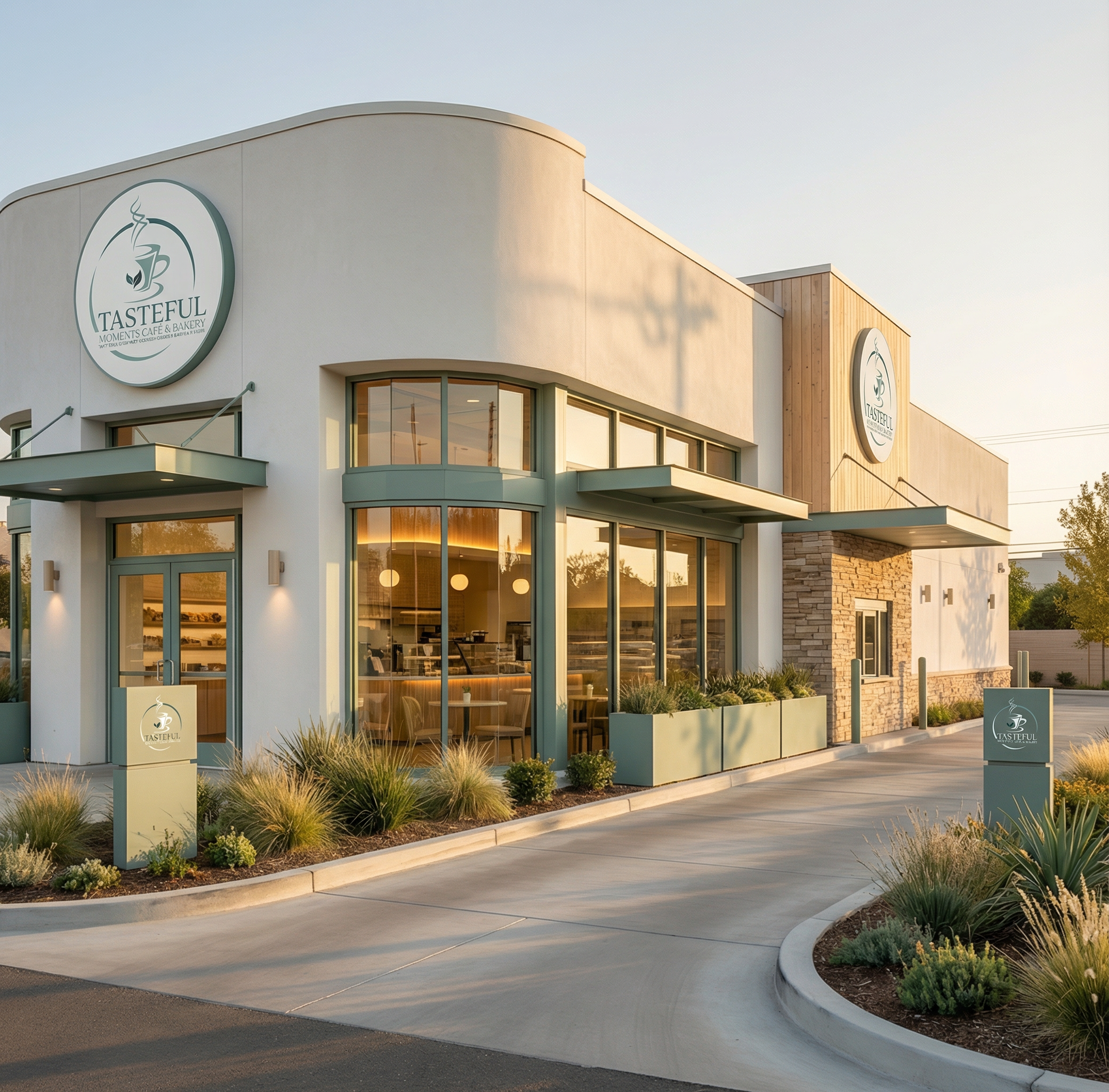 Exterior of a modern bakery and cafe named TASTEful, with large glass windows, plants in planters, and a parking lot, during sunset.