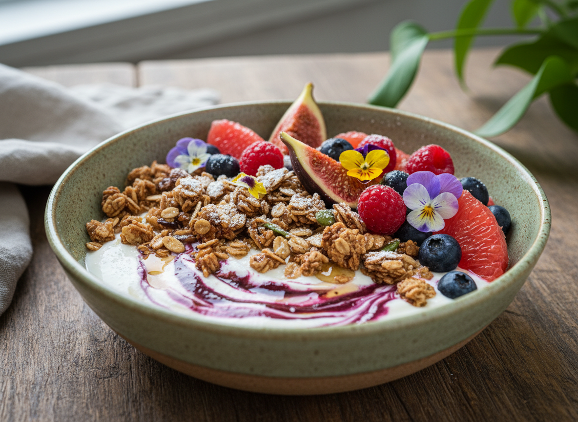 A bowl of yogurt topped with granola, assorted berries, fig slices, and edible flowers on a wooden table.
