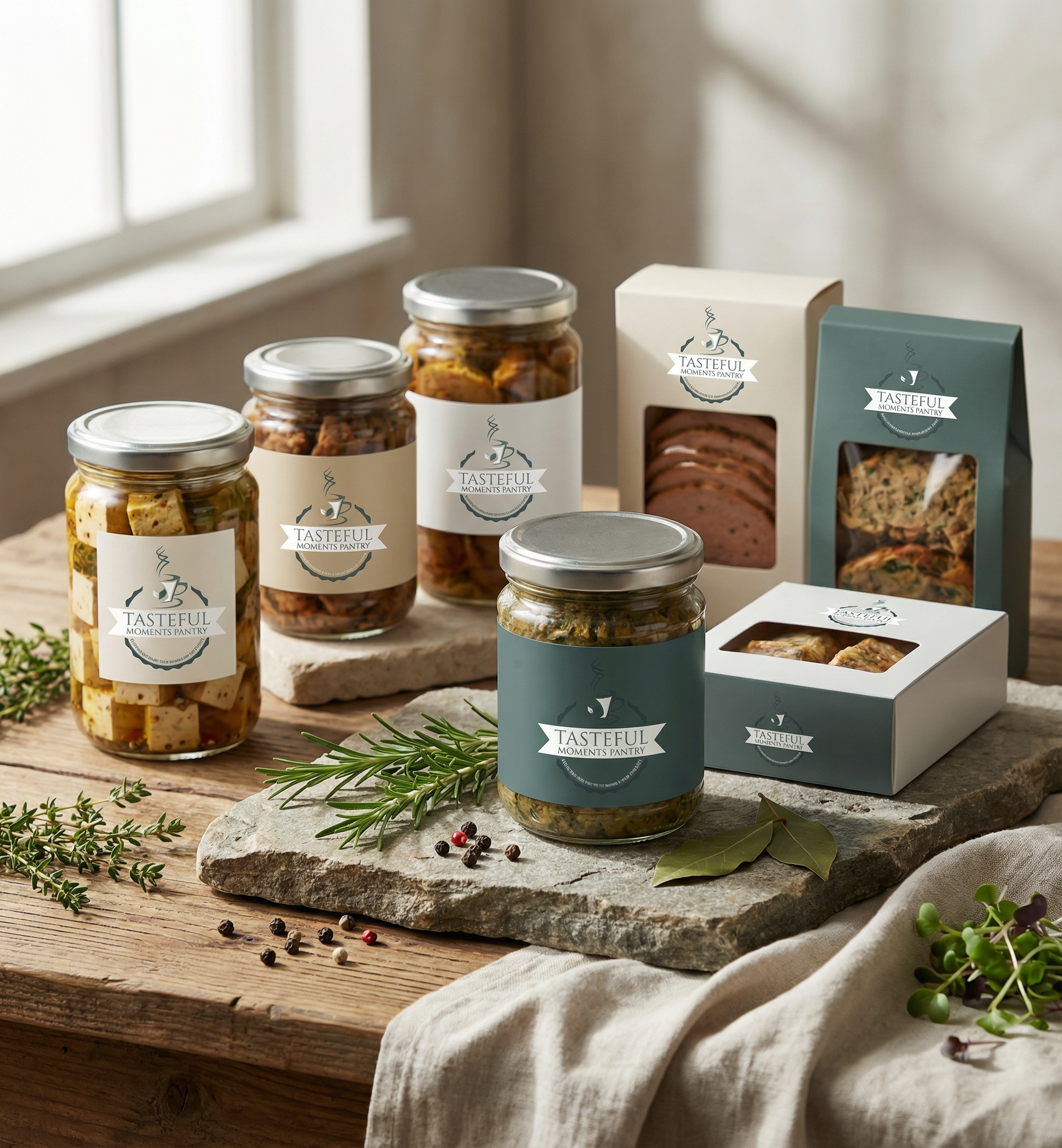 Assorted packaged food jars and boxes from Tasteful Moments Pantry on a wooden table with herbs and peppercorns, near a window.