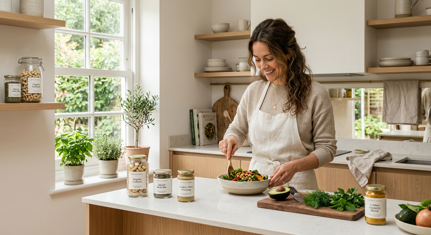 A woman in a beige sweater and apron prepares a salad in a bright kitchen with potted plants on the windowsill and jars of spices and ingredients on the countertop.