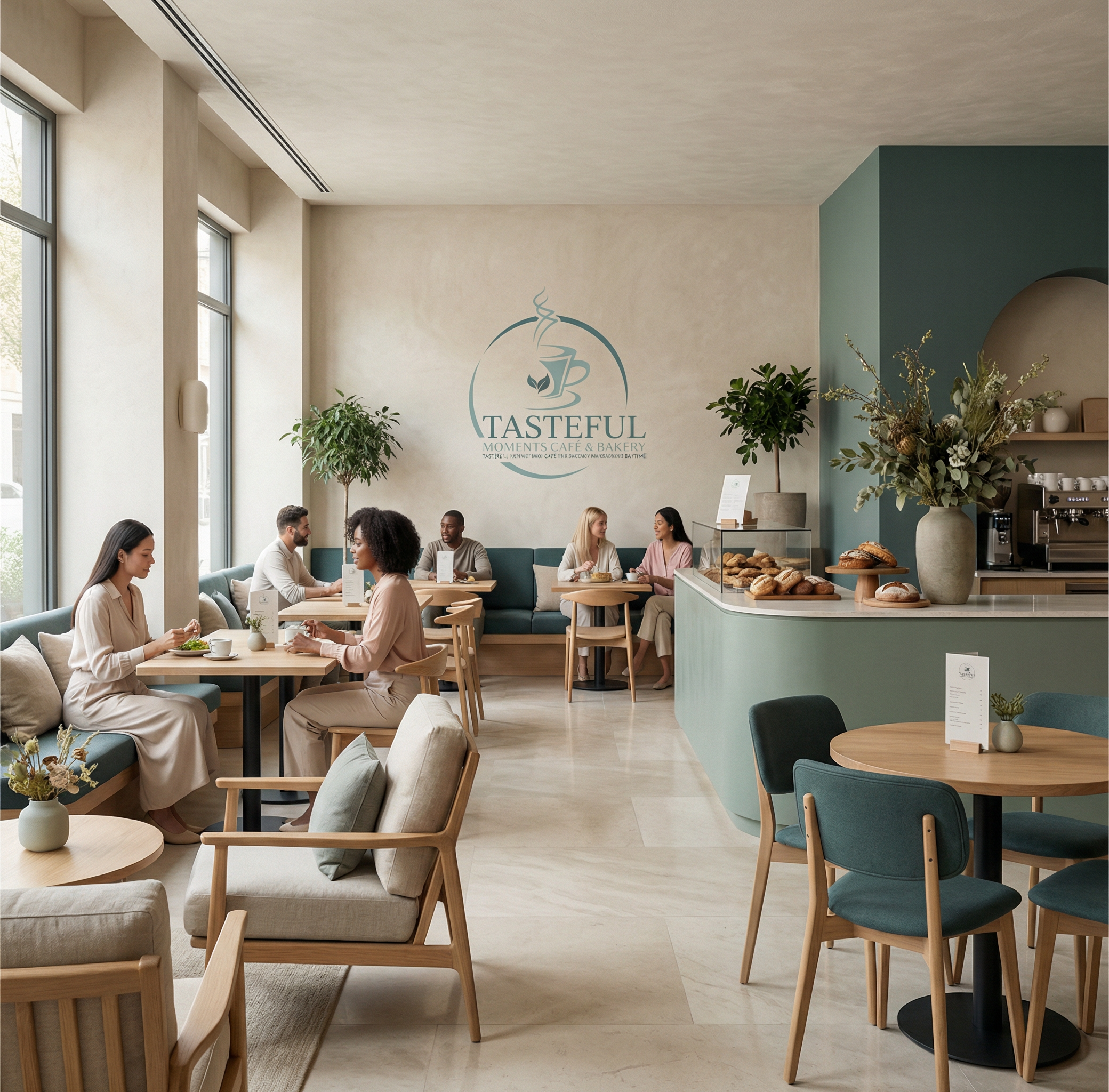 Interior of a modern cafe with large windows, potted plants, and people sitting at tables enjoying coffee and food. There is a bakery counter with baked goods and a logo on the wall that reads 'Tasteful Moments Cafe & Bakery.'