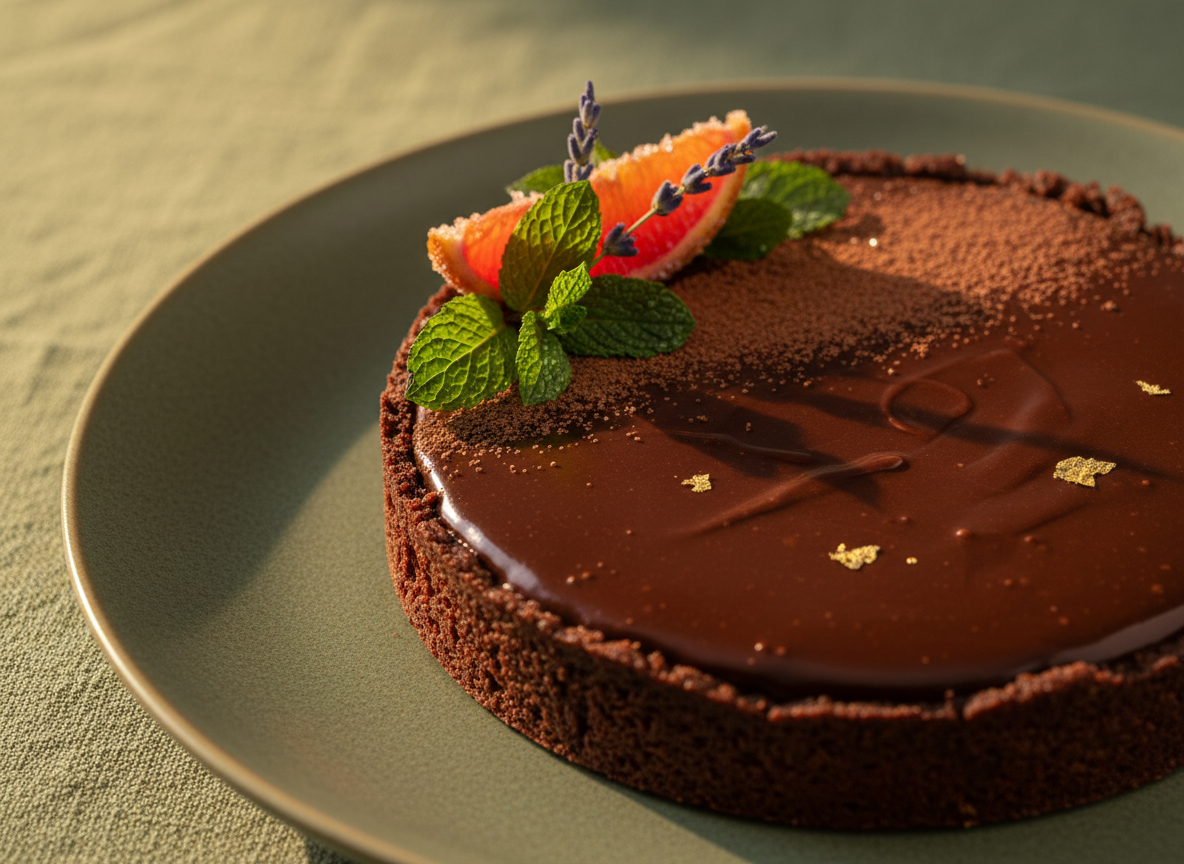 Chocolate tart garnished with a slice of strawberry, mint leaves, lavender sprig, gold leaf, and edible gold flakes, on a green plate.