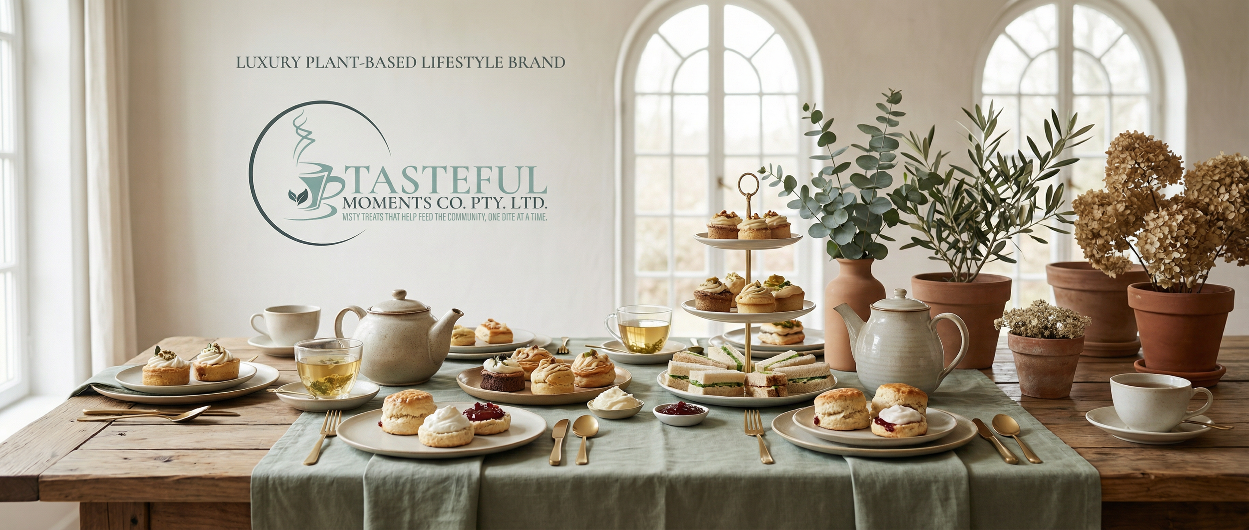 A table set with assorted desserts including cupcakes, scones with jam and cream, and finger sandwiches, surrounded by potted plants in a bright room with large arched windows.