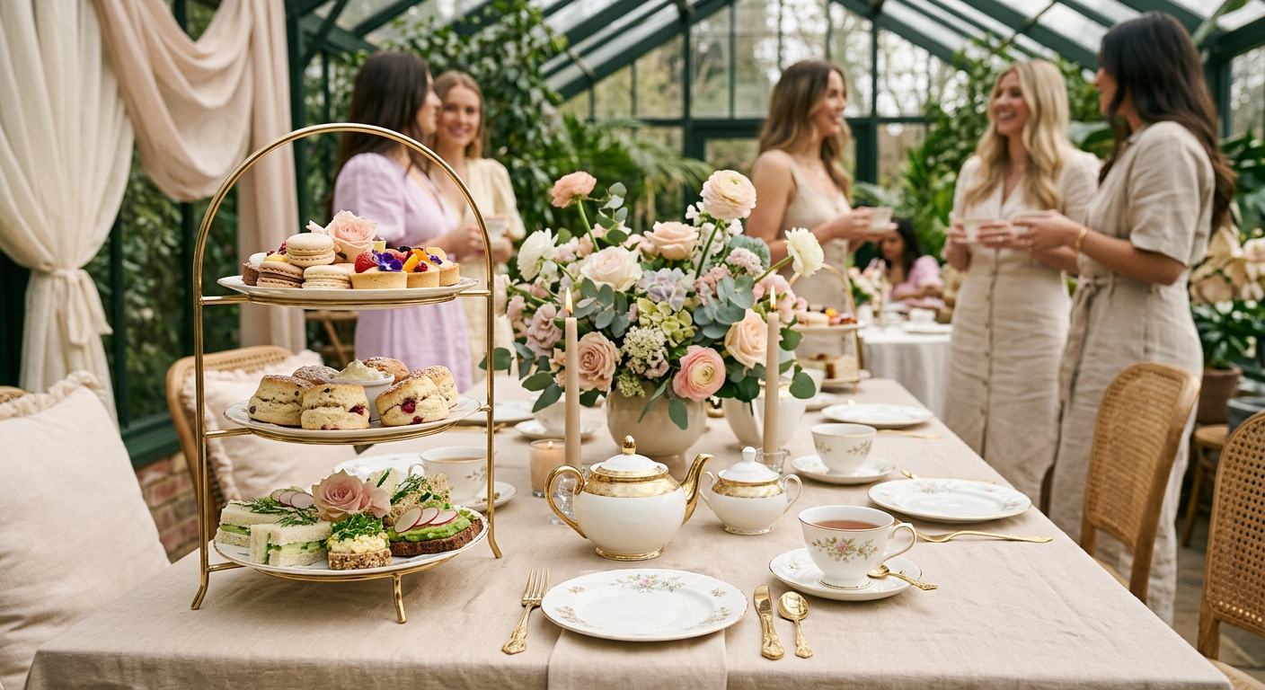 A tea party setup with a table decorated with flowers, teapots, cups, and an assorted variety of scones, sandwiches, and macarons. Several women are standing and talking in the background in a greenhouse.