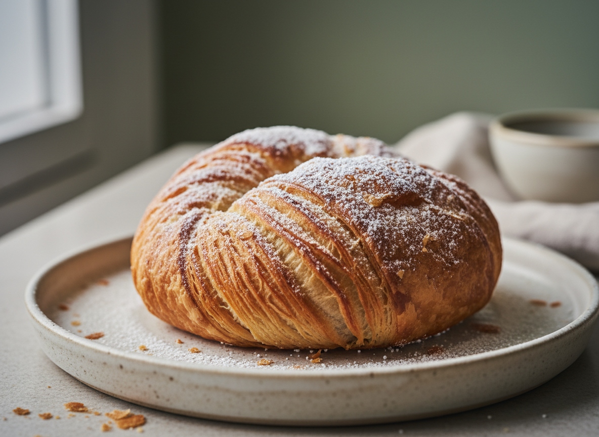 A round baked pastry with a golden brown crust, dusted with powdered sugar, on a white plate.