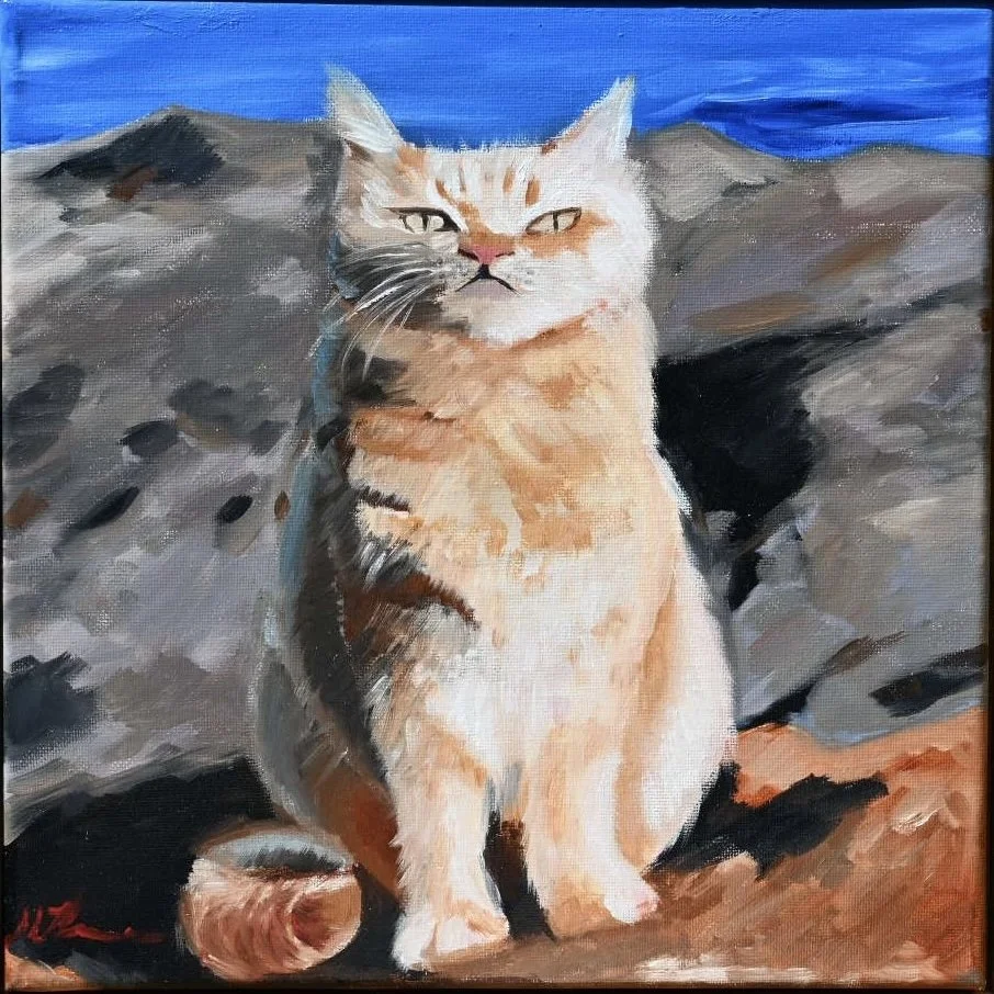 1. THE JUDGEMENTAL CAT, 12x12 IN, OIL ON CANVAS, 2023