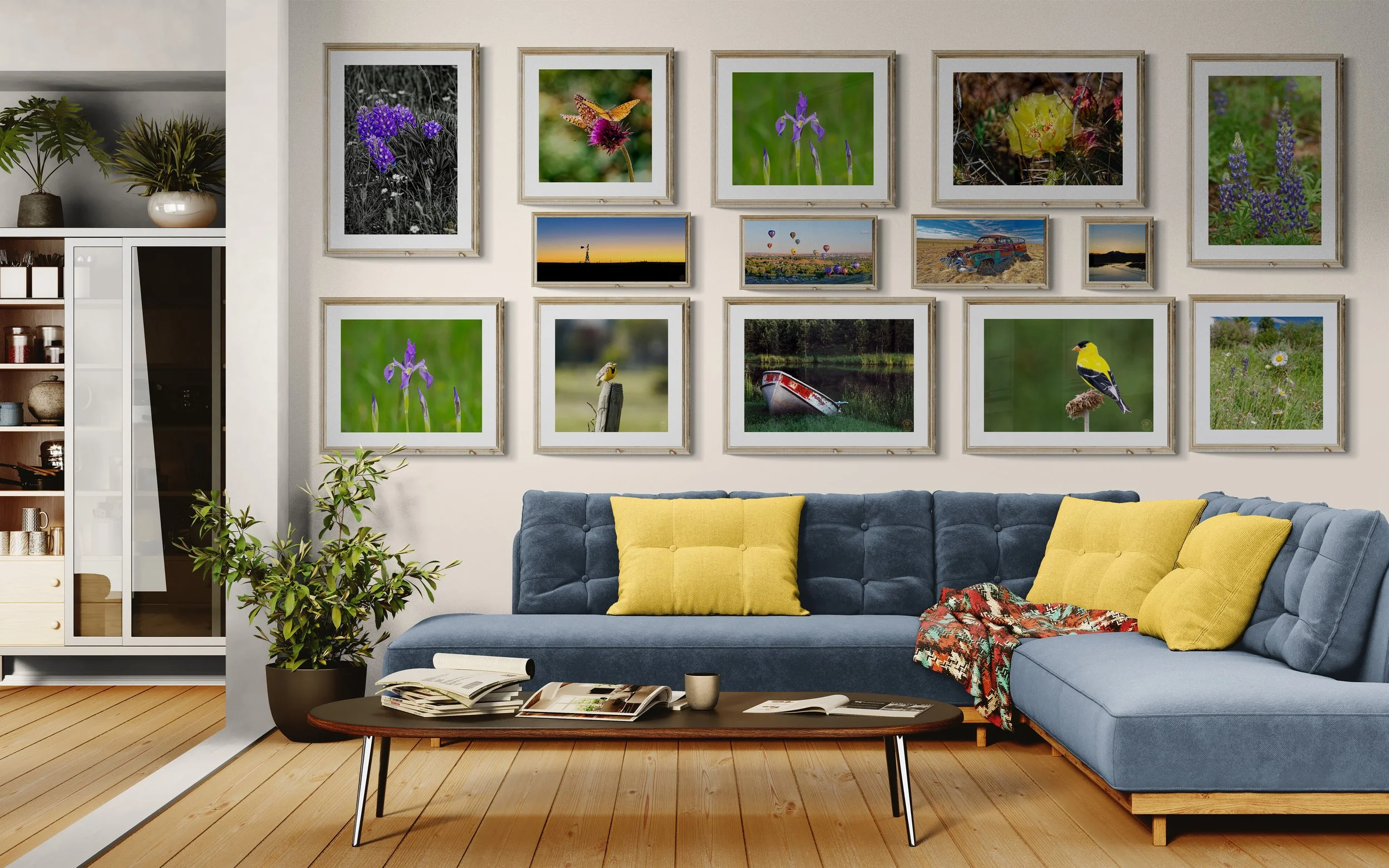 A living room wall with a gallery of framed photographs featuring flowers, butterflies, birds, and landscapes.