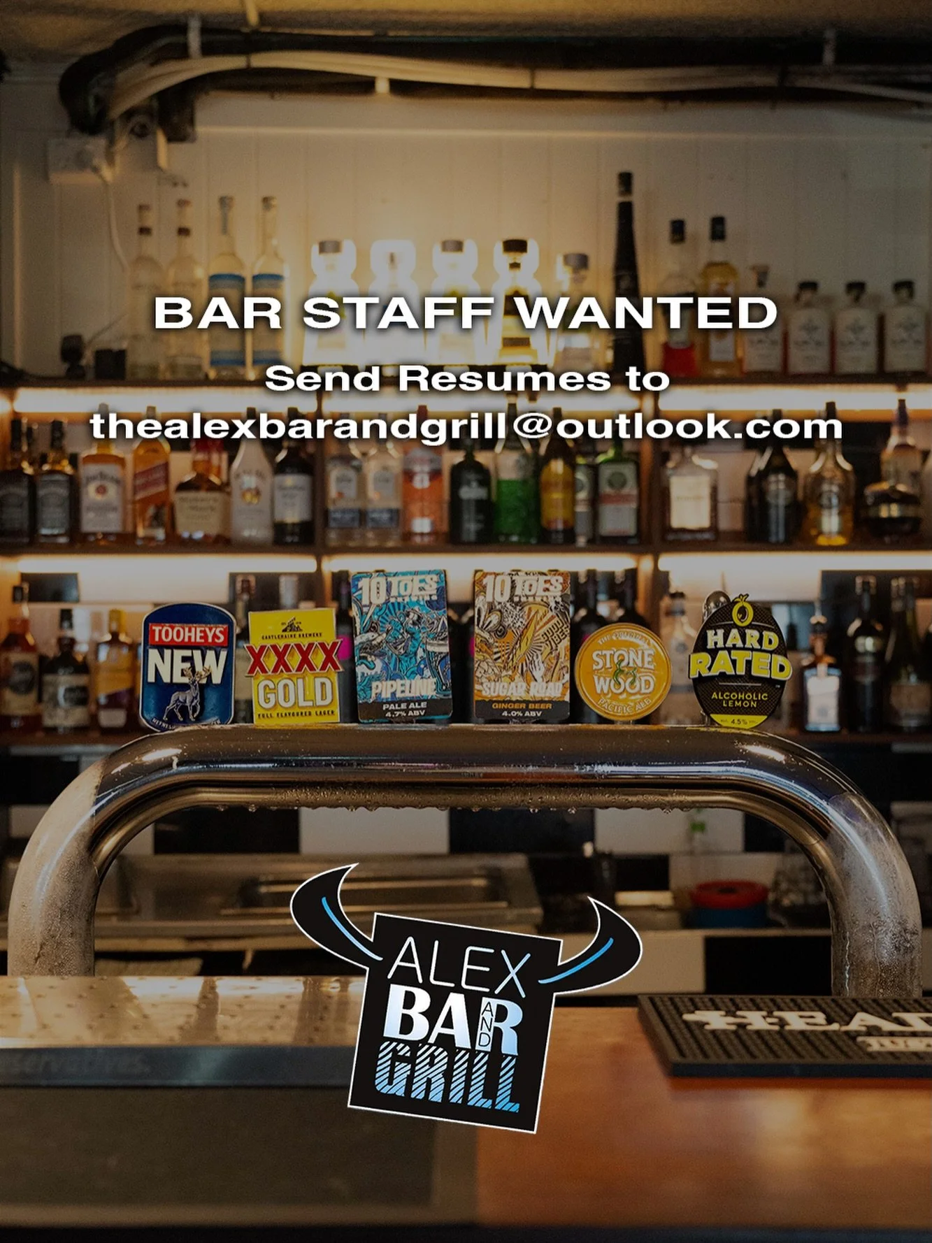 Bar staff wanted!
Send your resumes to thealexbarandgrill@outlook.com