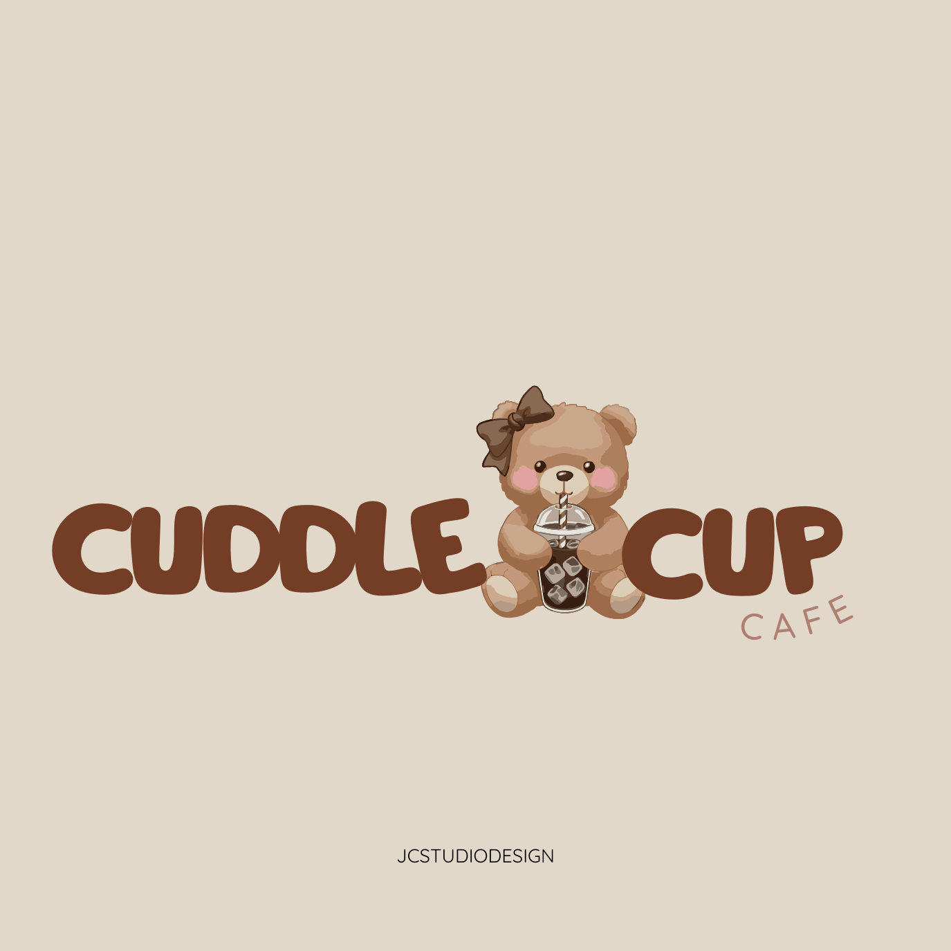Logo for Cuddle Cup Cafe featuring a cute teddy bear holding a cup with a straw. The bear has a brown bow on its head. The cafe's name is written in playful brown letters, with "Cuddle Cup" and "Cafe" in smaller, lighter text.