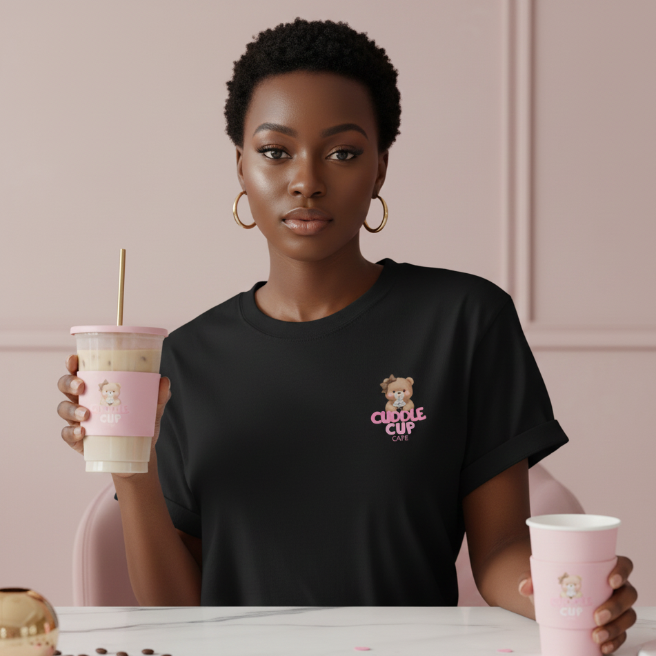 A woman with short curly hair and hoop earrings holds a pink cup with a straw in one hand and a pink paper cup in the other, sitting at a table with a pink background and wearing a black T-shirt with a bear logo that reads 'Cuddle Cup Café'.