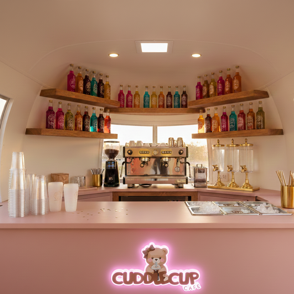 Interior view of a pink-colored cafe counter with a neon sign featuring a cute bear holding a cup and the words 'Cuddle Cup Cafe.'