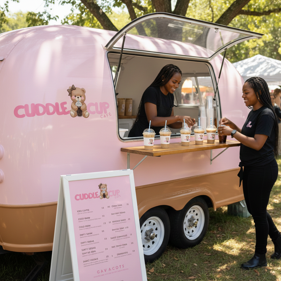 A woman in a black t-shirt serving coffee and drinks from a pink mobile cafe trailer called 'Cuddles Cup Cafe' at an outdoor event, with trees in the background.
