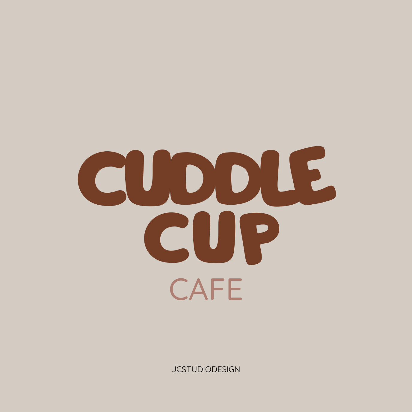 Logo for Cuddle Cup Cafe with the text in a playful, rounded font in brown and pink on a light beige background.
