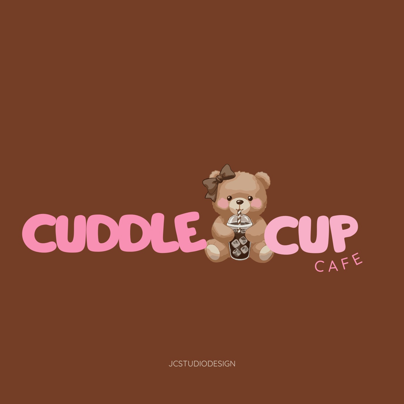 Logo for Cuddle Cup Café featuring a cute teddy bear with a bow holding a drink with a straw, surrounded by pink text that reads 'Cuddle Cup' and smaller text 'Cafe' on a brown background.