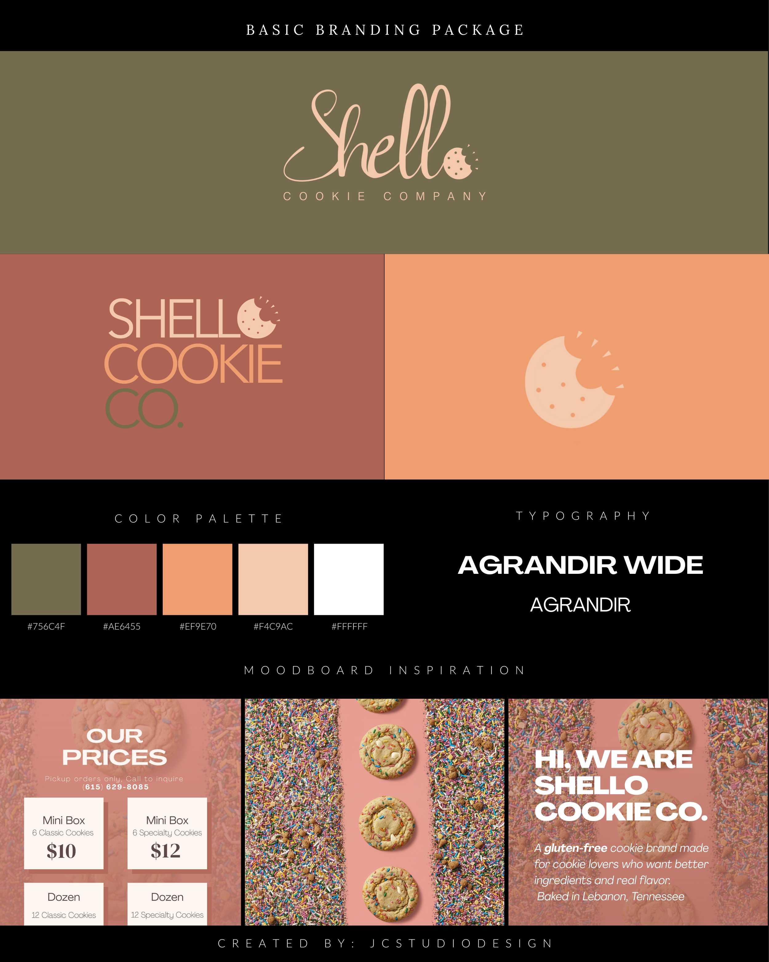 A branding package for Shell Cookie Company featuring a logo, color palette, and moodboard inspiration with cookie images and pricing details.