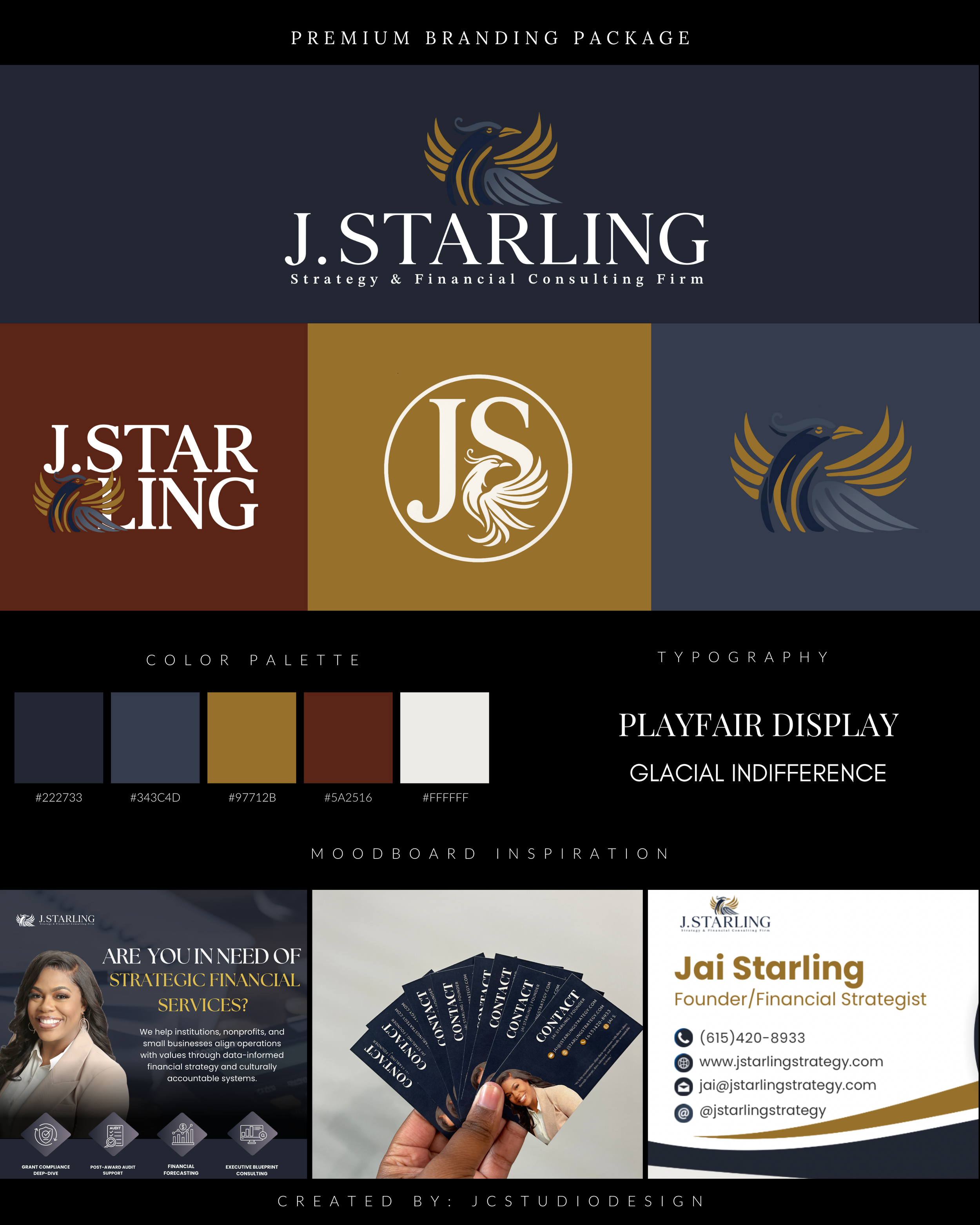 Branding package for J. Starling, a strategy and financial consulting firm, includes logo variations with a phoenix design, color palette, and business card mockup.